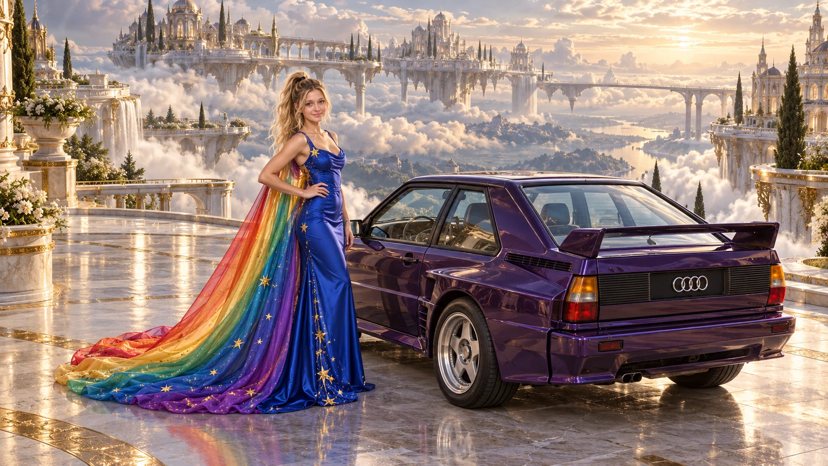 Kristin as Rainbow Brite wears a cobalt satin column gown with a dramatic rainbow chiffon cape and tiny gold star embroidery beside a deep violet 1985 Audi Sport Quattro on Silvaroy, in The Golden Quiet.