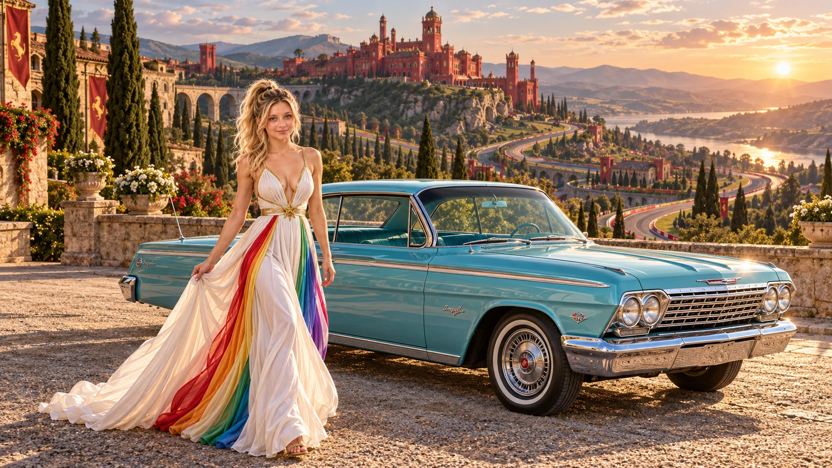 Kristin as Rainbow Brite wears a pearl-white pleated evening gown with jewel-tone rainbow panels and a fine gold star belt beside a glacier turquoise 1962 Chevrolet Impala on Cavallara, in The Golden Quiet.