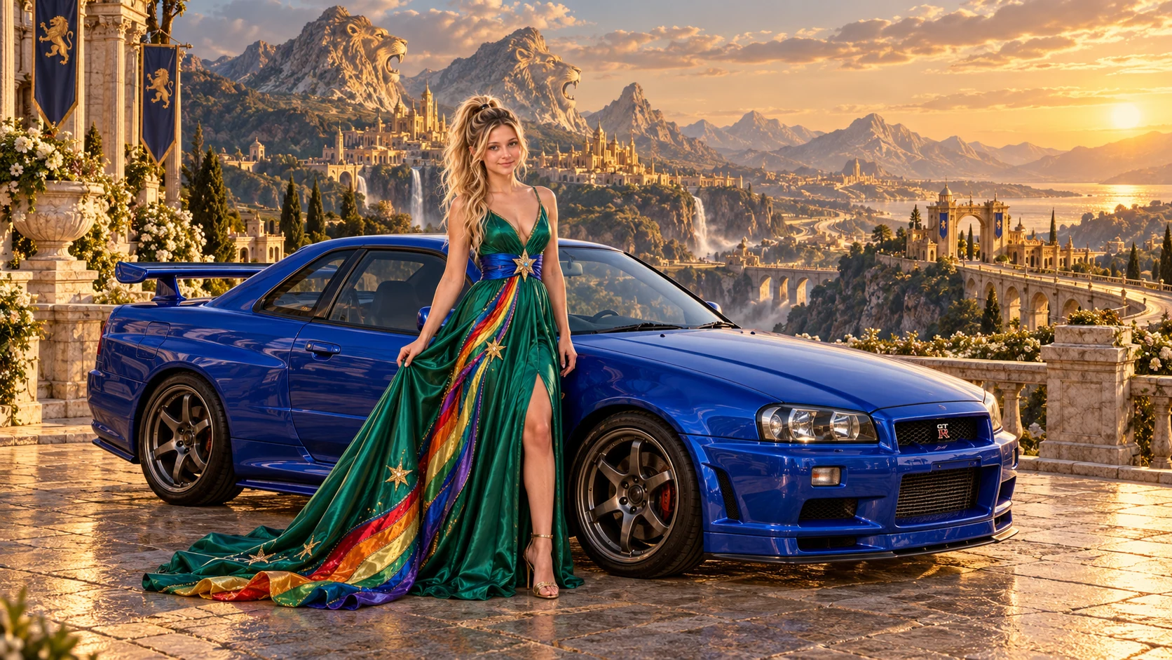 Kristin as Rainbow Brite wears a emerald silk evening dress with rainbow ribbon appliqué, a royal-blue waist sash and a jeweled star buckle beside a cobalt blue 1999 Nissan Skyline GT-R R34 on Leontis, in The Golden Quiet.
