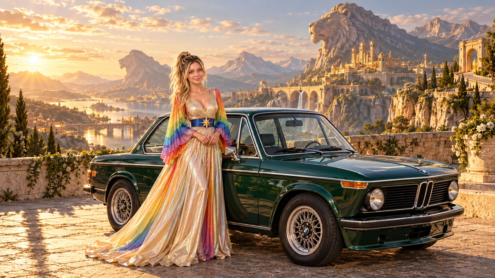 Kristin as Rainbow Brite wears a iridescent champagne satin gown with rainbow pleated sleeves and a sculpted blue-and-gold star belt beside a deep emerald green 1973 BMW 2002 Turbo on Leontis, in The Golden Quiet.