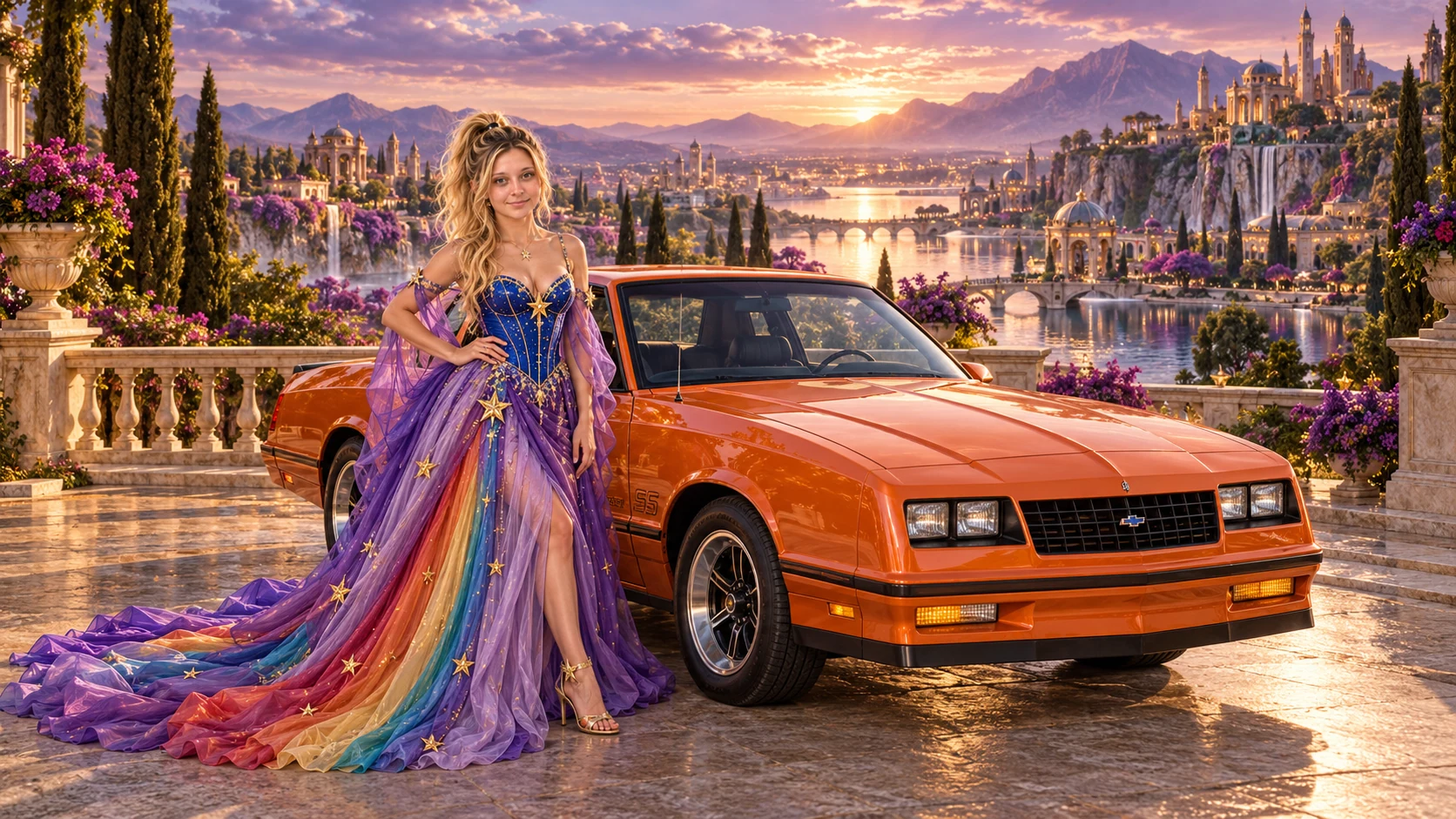 Kristin as Rainbow Brite wears a violet organza couture gown with a structured cobalt bodice, sweeping rainbow train and star jewels beside a tangerine orange 1985 Chevrolet Monte Carlo SS on Edenora, in The Golden Quiet.