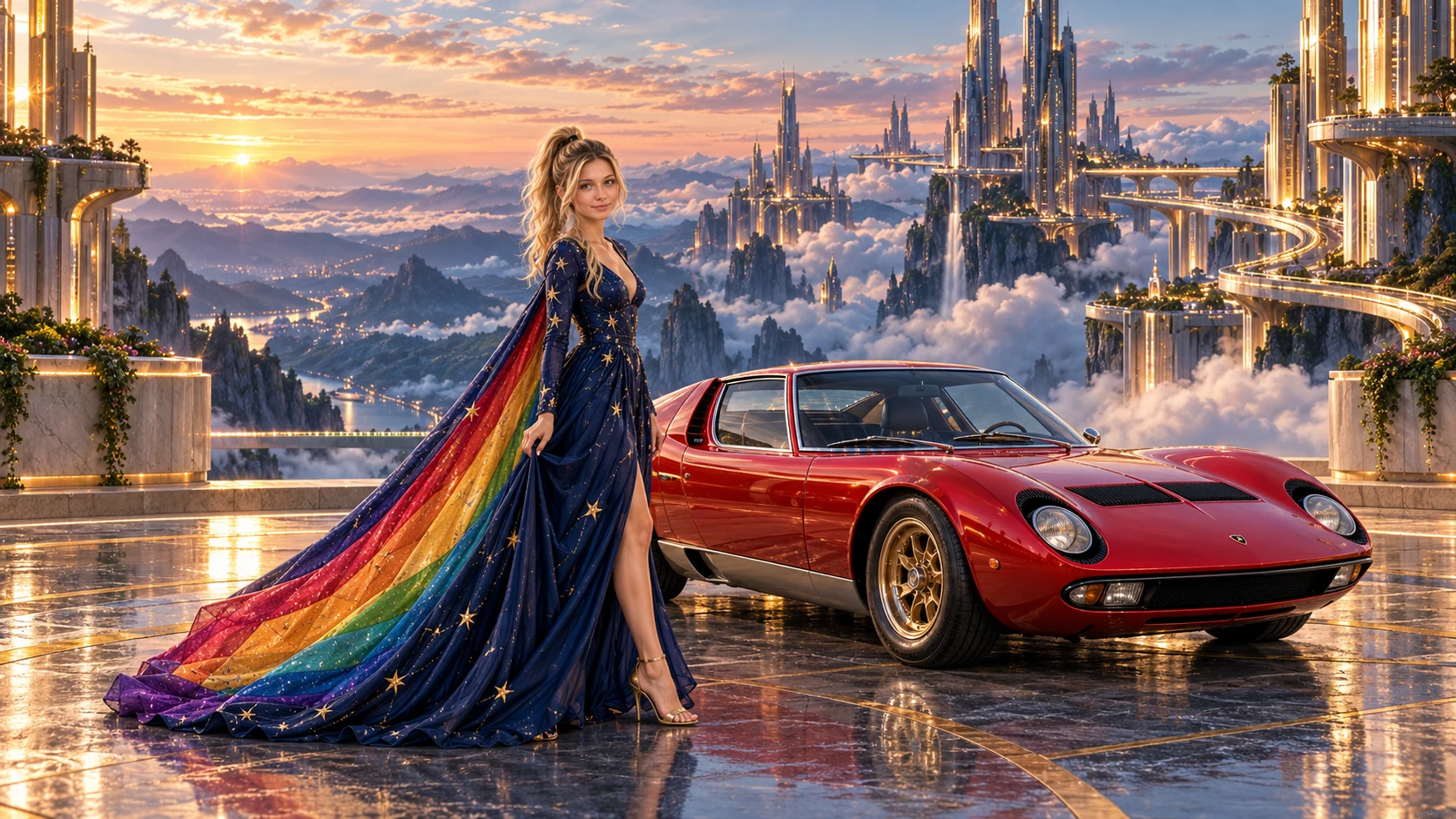 Kristin as Rainbow Brite wears a midnight-blue long-sleeved evening gown with a flowing rainbow-lined cape and tiny star embroidery beside a candy apple red 1967 Lamborghini Miura on Skyrise, in The Golden Quiet.