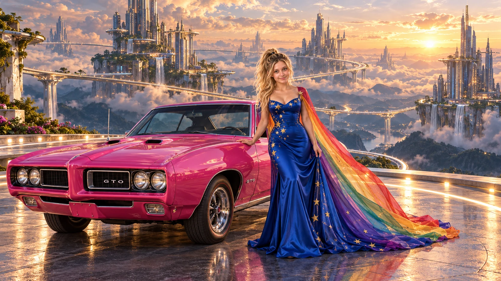 Kristin as Rainbow Brite wears a cobalt satin column gown with a dramatic rainbow chiffon cape and tiny gold star embroidery beside a hot pink 1969 Pontiac GTO on Skyrise, in The Golden Quiet.