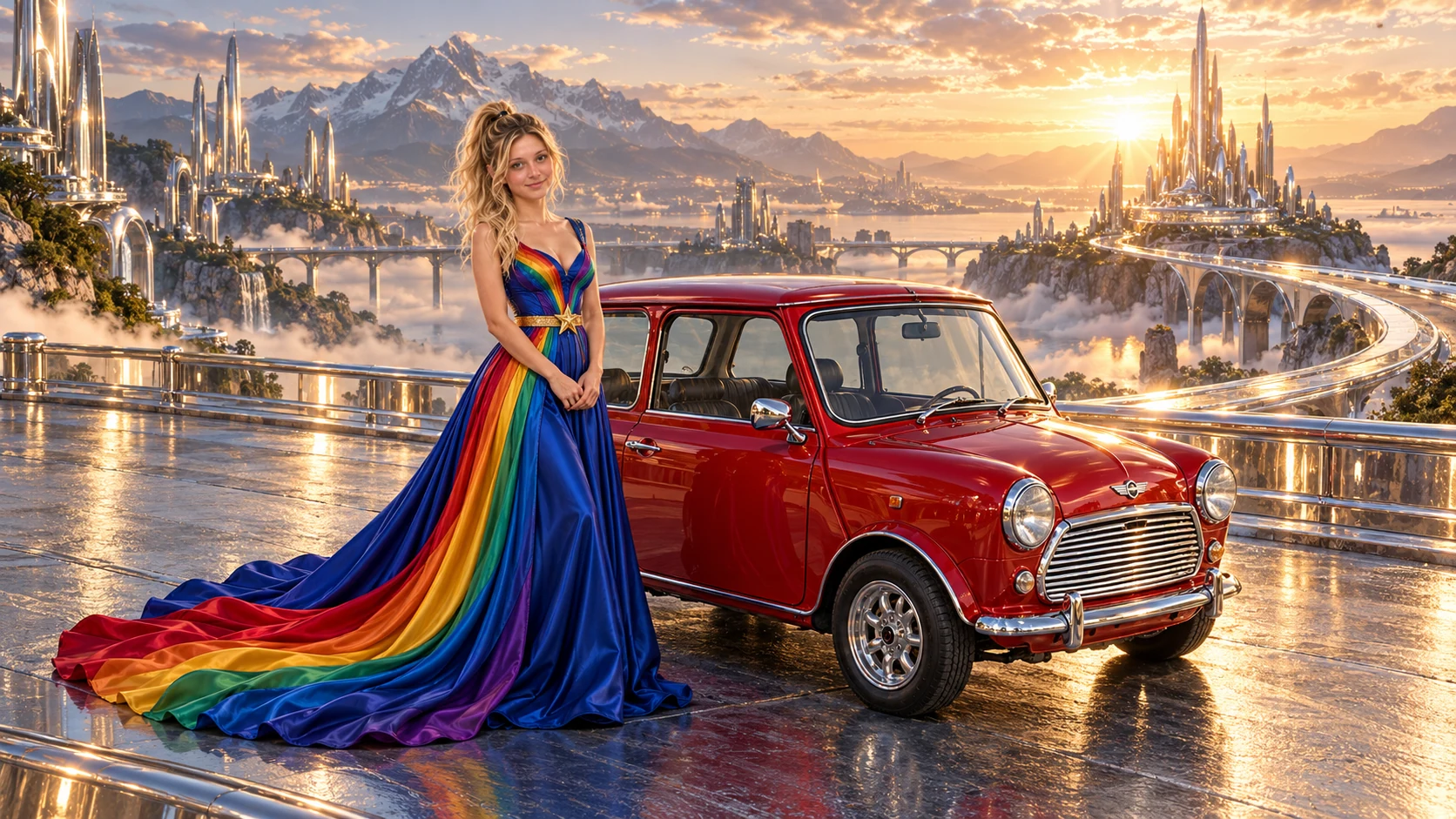 Kristin as Rainbow Brite wears a floor-length royal-blue silk gown with sculptural rainbow pleats and a flowing train, gold star belt beside a candy apple red 1967 Austin Mini Cooper S on Specularis, in The Silver Assembly.