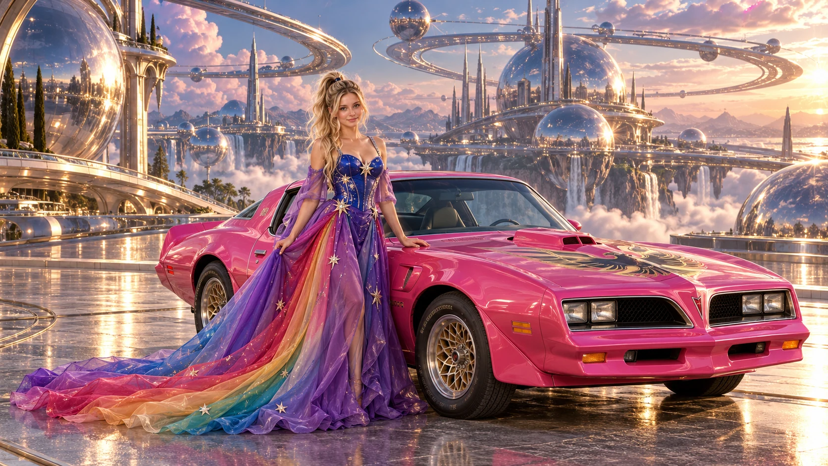 Kristin as Rainbow Brite wears a violet organza couture gown with a structured cobalt bodice, sweeping rainbow train and star jewels beside a hot pink 1977 Pontiac Firebird Trans Am on Orbitalis, in The Silver Assembly.