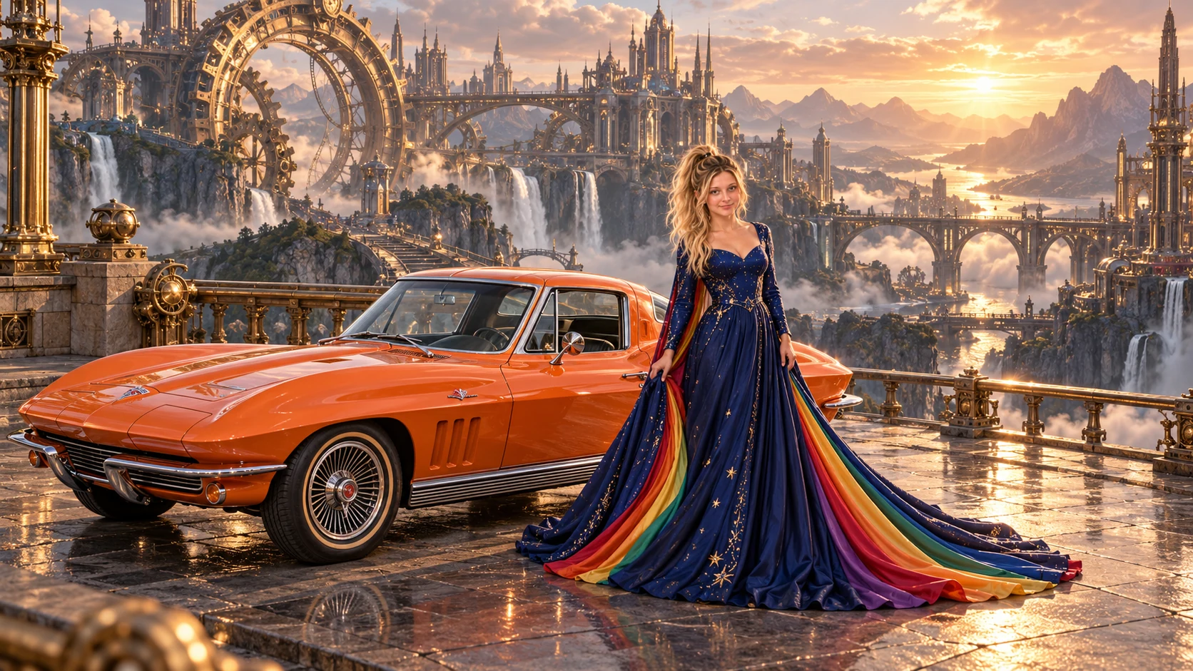 Kristin as Rainbow Brite wears a midnight-blue long-sleeved evening gown with a flowing rainbow-lined cape and tiny star embroidery beside a bright orange 1963 Chevrolet Corvette Sting Ray on Pendulum, in The Silver Assembly.