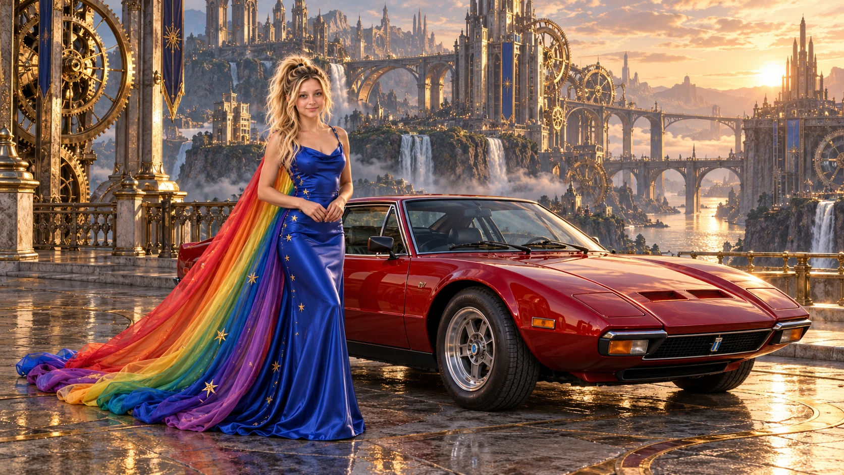 Kristin as Rainbow Brite wears a cobalt satin column gown with a dramatic rainbow chiffon cape and tiny gold star embroidery beside a crimson red 1972 De Tomaso Pantera on Pendulum, in The Silver Assembly.