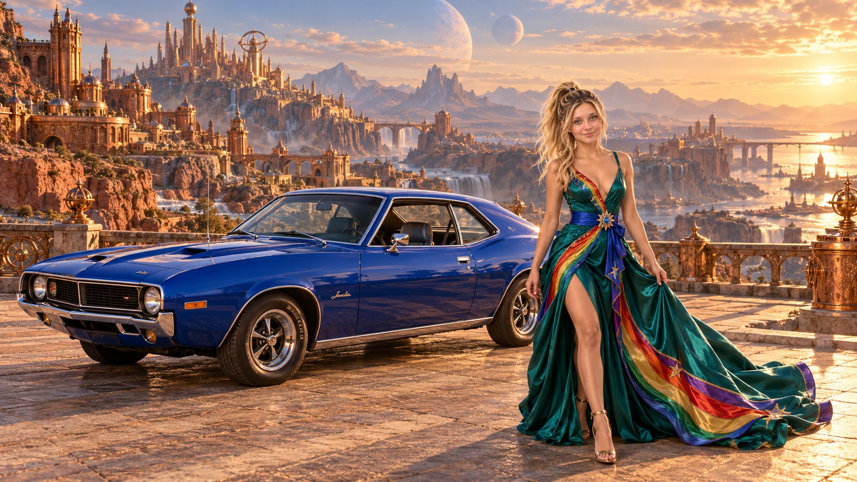 Kristin as Rainbow Brite wears a emerald silk evening dress with rainbow ribbon appliqué, a royal-blue waist sash and a jeweled star buckle beside a cobalt blue 1973 AMC Javelin on Garlicia, in The Silver Assembly.