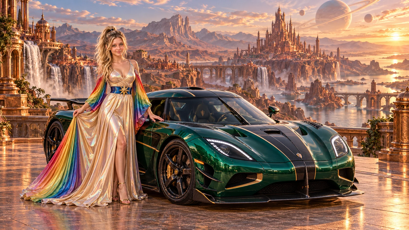 Kristin as Rainbow Brite wears a iridescent champagne satin gown with rainbow pleated sleeves and a sculpted blue-and-gold star belt beside a deep emerald green 2015 Koenigsegg Agera RS on Garlicia, in The Silver Assembly.