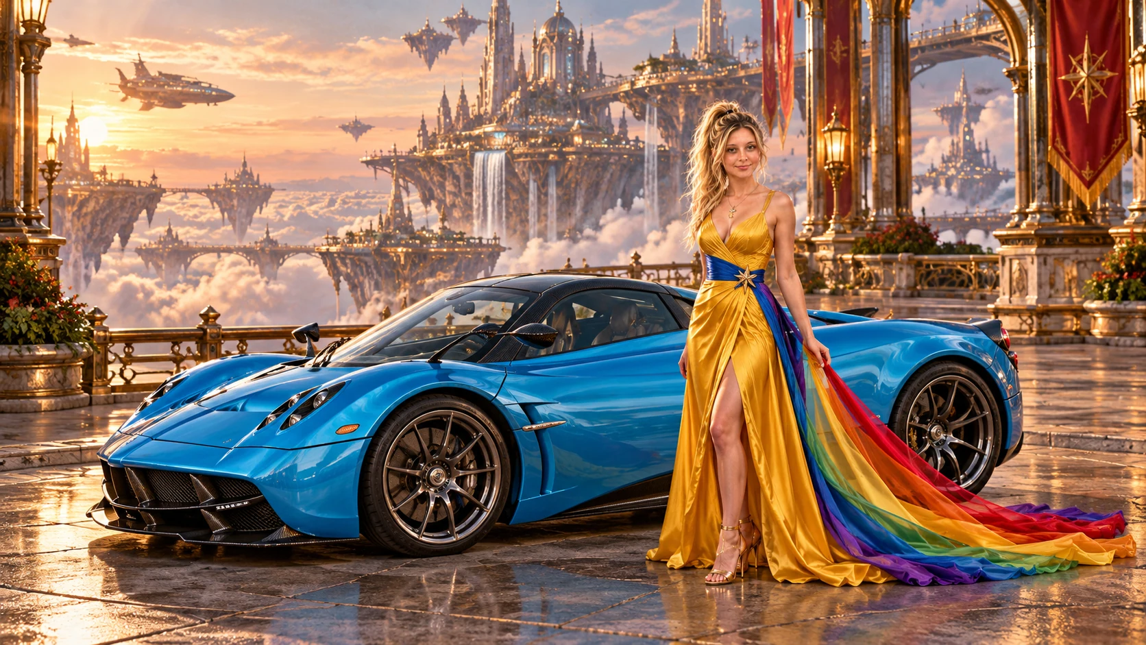 Kristin as Rainbow Brite wears a saffron satin evening gown with a royal-blue sash, graceful rainbow ribbon train and gold star pendant beside a electric cyan 2014 Pagani Huayra on Sky Foundry, in The Silver Assembly.