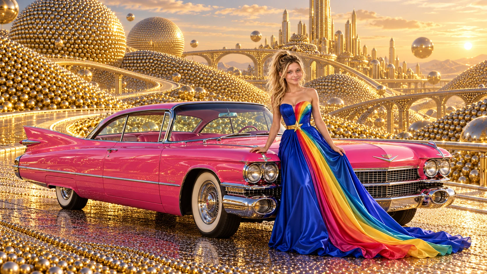 Kristin as Rainbow Brite wears a floor-length royal-blue silk gown with sculptural rainbow pleats and a flowing train, gold star belt beside a hot pink 1959 Cadillac Eldorado on Ballbearing, in The Silver Assembly.