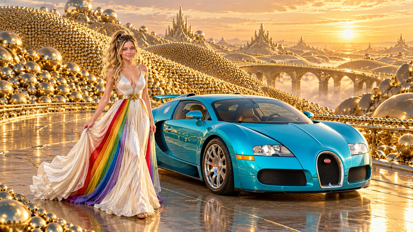 Kristin as Rainbow Brite wears a pearl-white pleated evening gown with jewel-tone rainbow panels and a fine gold star belt beside a electric turquoise 2008 Bugatti Veyron on Ballbearing, in The Silver Assembly.