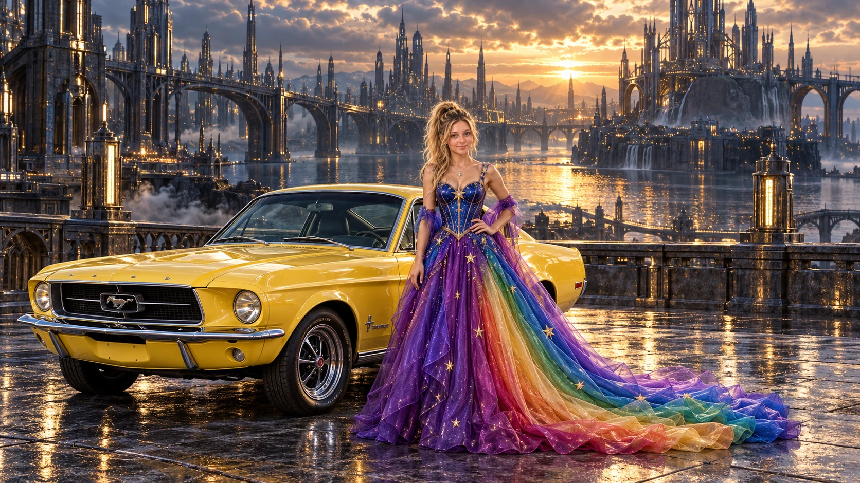 Kristin as Rainbow Brite wears a violet organza couture gown with a structured cobalt bodice, sweeping rainbow train and star jewels beside a lemon yellow 1967 Ford Mustang Fastback on Steelwater, in The Silver Assembly.