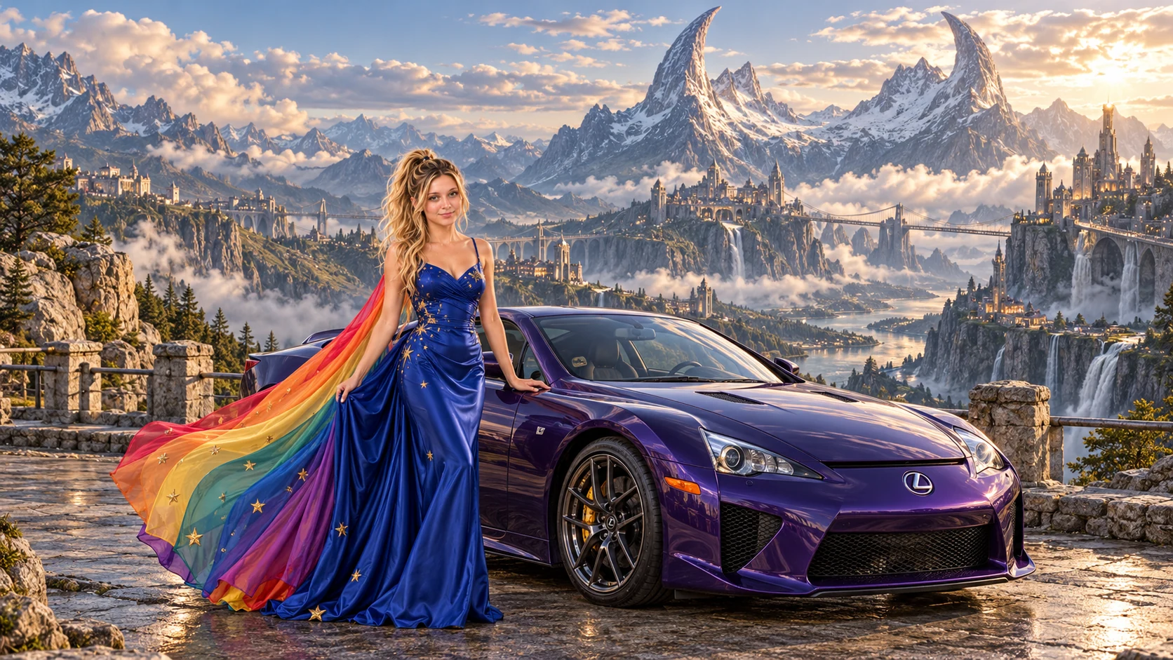 Kristin as Rainbow Brite wears a cobalt satin column gown with a dramatic rainbow chiffon cape and tiny gold star embroidery beside a deep violet 2011 Lexus LFA on Hornspire, in The Silver Assembly.
