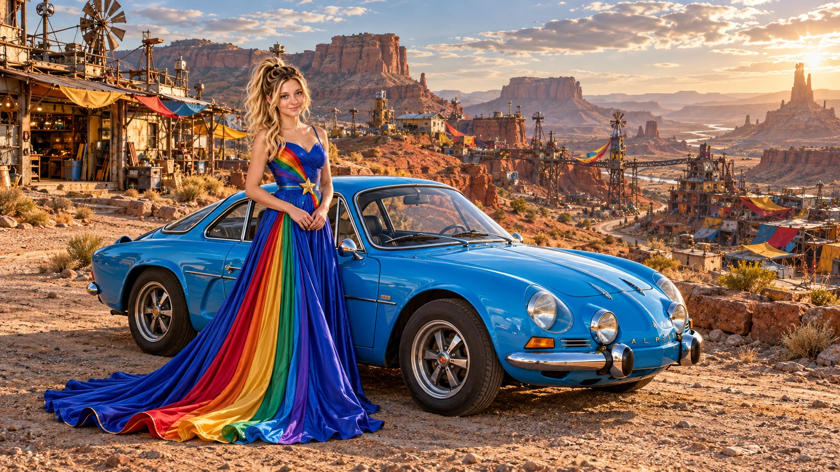 Kristin as Rainbow Brite wears a floor-length royal-blue silk gown with sculptural rainbow pleats and a flowing train, gold star belt beside a electric cyan 1973 Renault Alpine A110 on Ramblora, in The Silver Assembly.