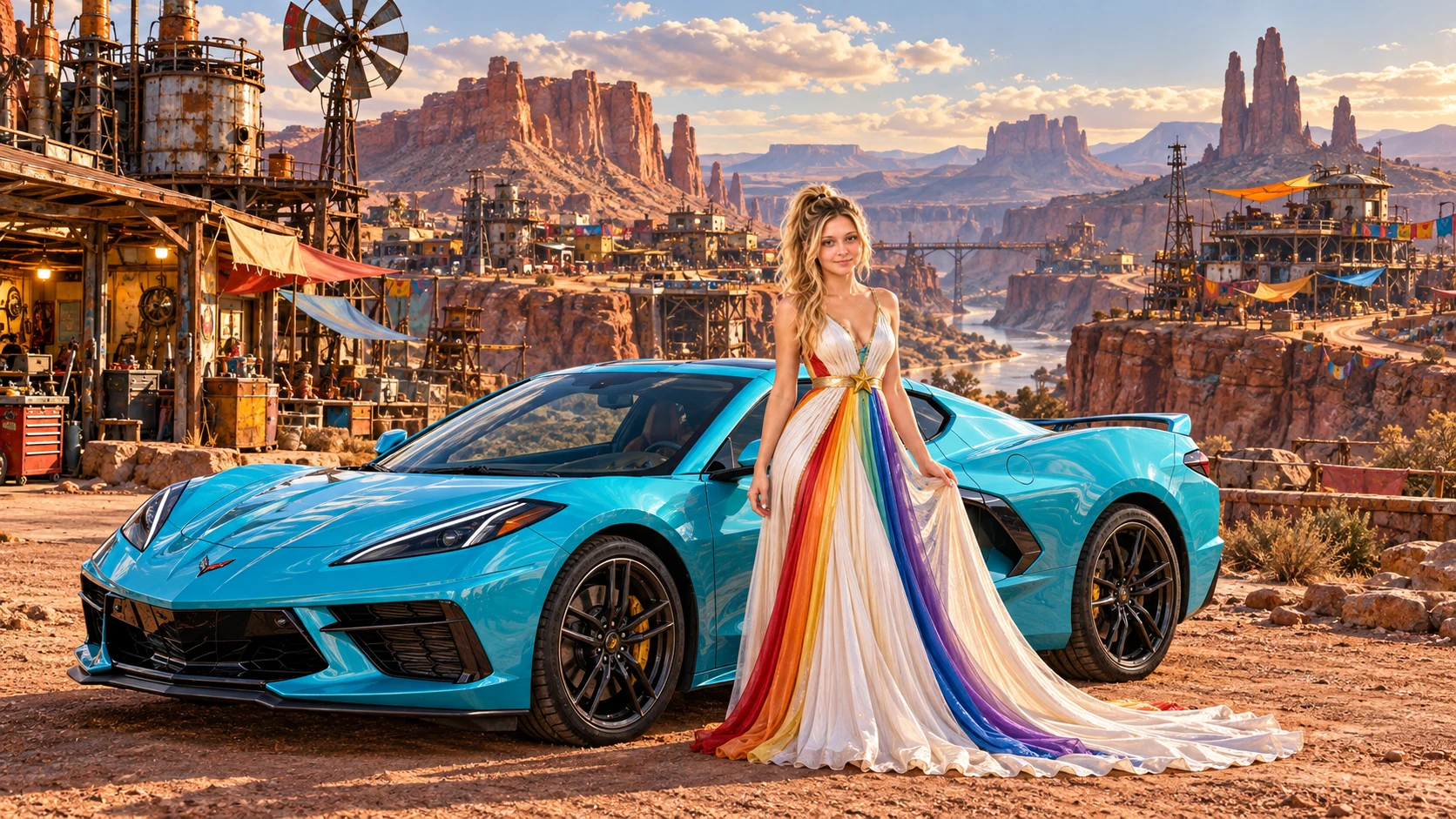 Kristin as Rainbow Brite wears a pearl-white pleated evening gown with jewel-tone rainbow panels and a fine gold star belt beside a glacier turquoise 2020 Chevrolet Corvette C8 on Ramblora, in The Silver Assembly.