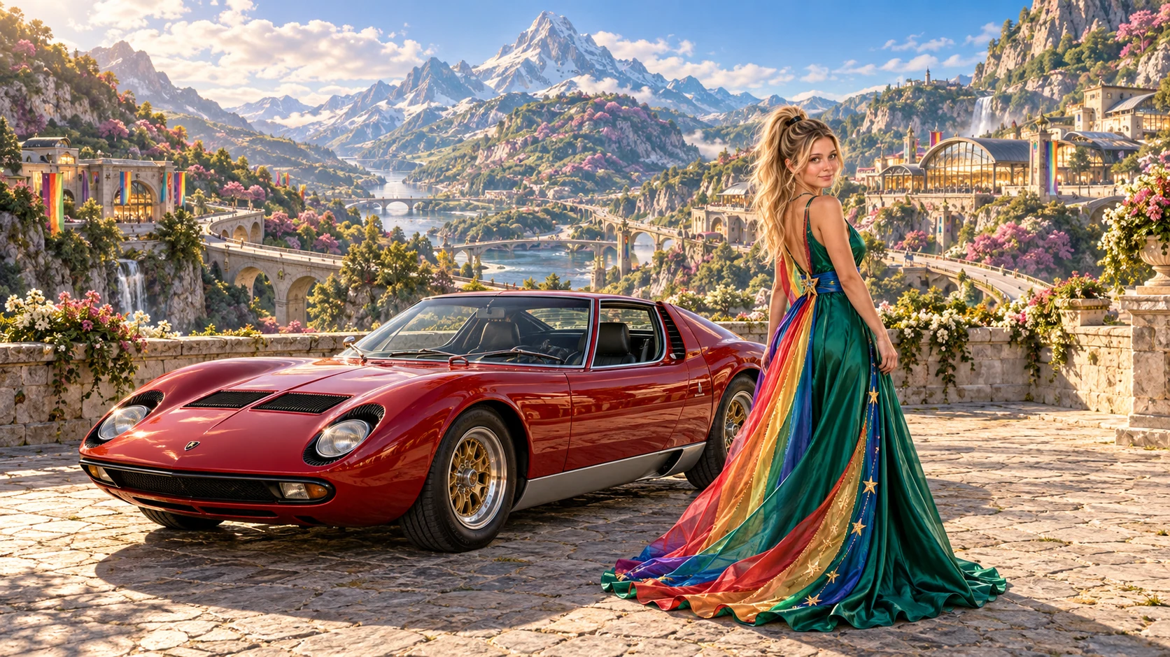 Kristin as Rainbow Brite wears a emerald silk evening dress with rainbow ribbon appliqué, a royal-blue waist sash and a jeweled star buckle beside a crimson red 1967 Lamborghini Miura on Harmonia, in The Silver Assembly.