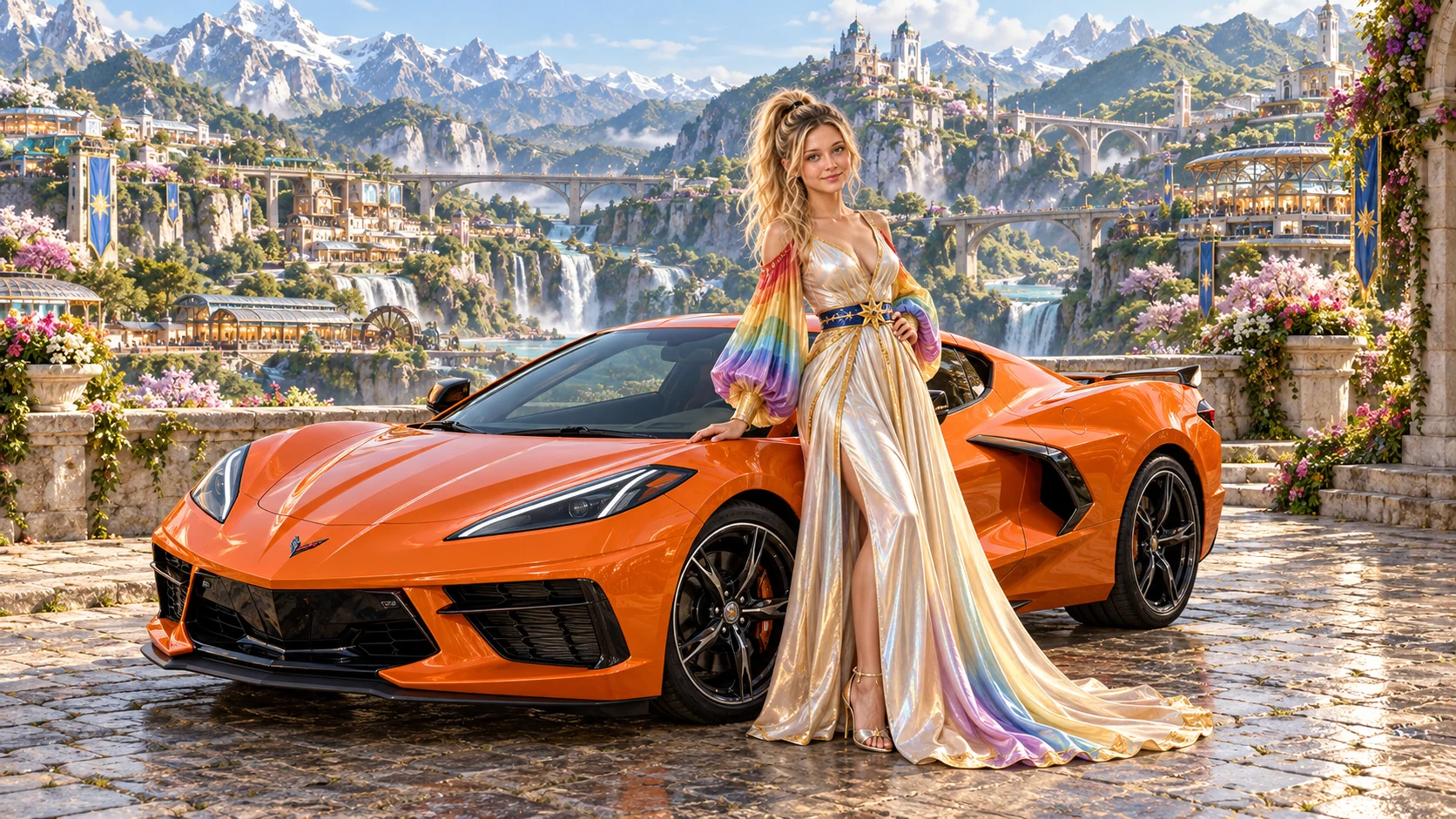 Kristin as Rainbow Brite wears a iridescent champagne satin gown with rainbow pleated sleeves and a sculpted blue-and-gold star belt beside a bright orange 2020 Chevrolet Corvette C8 on Harmonia, in The Silver Assembly.