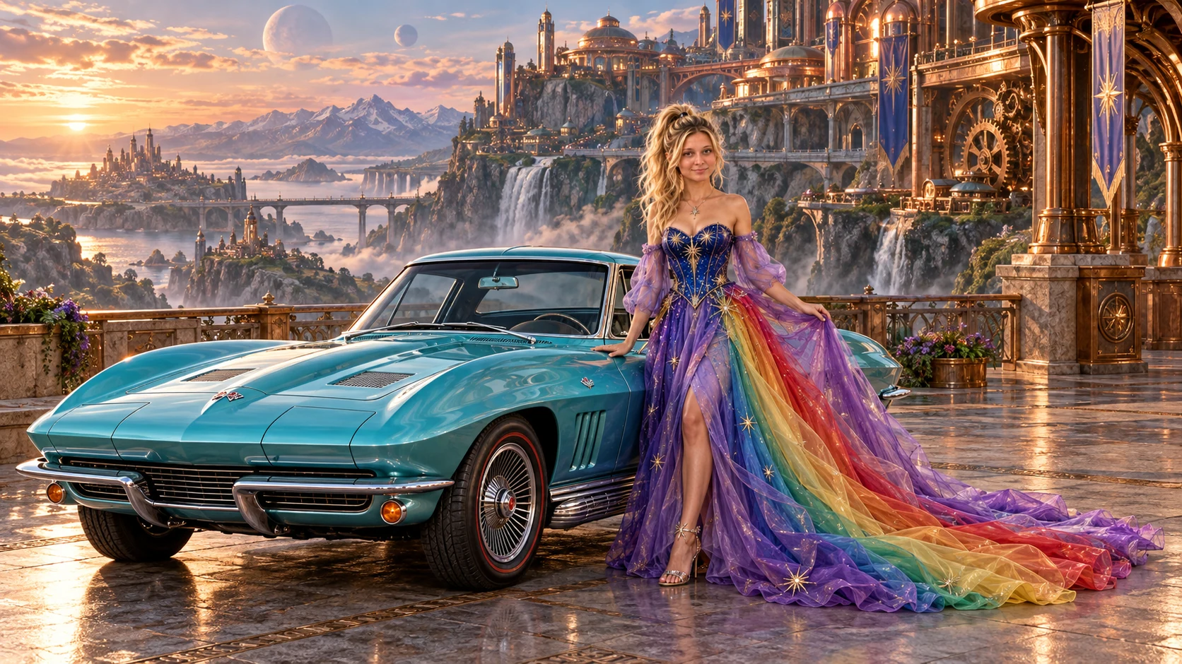 Kristin as Rainbow Brite wears a violet organza couture gown with a structured cobalt bodice, sweeping rainbow train and star jewels beside a glacier turquoise 1963 Chevrolet Corvette Sting Ray on Boxerhold, in The Silver Assembly.