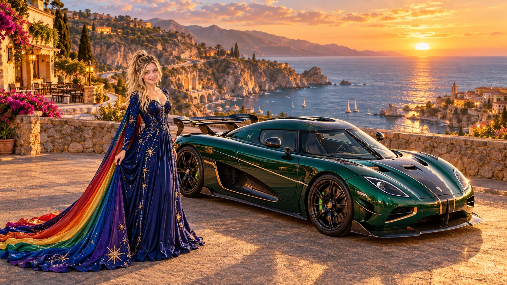 Kristin as Rainbow Brite wears a midnight-blue long-sleeved evening gown with a flowing rainbow-lined cape and tiny star embroidery beside a deep emerald green 2015 Koenigsegg Agera RS on Dawnrun, in The Silver Assembly.