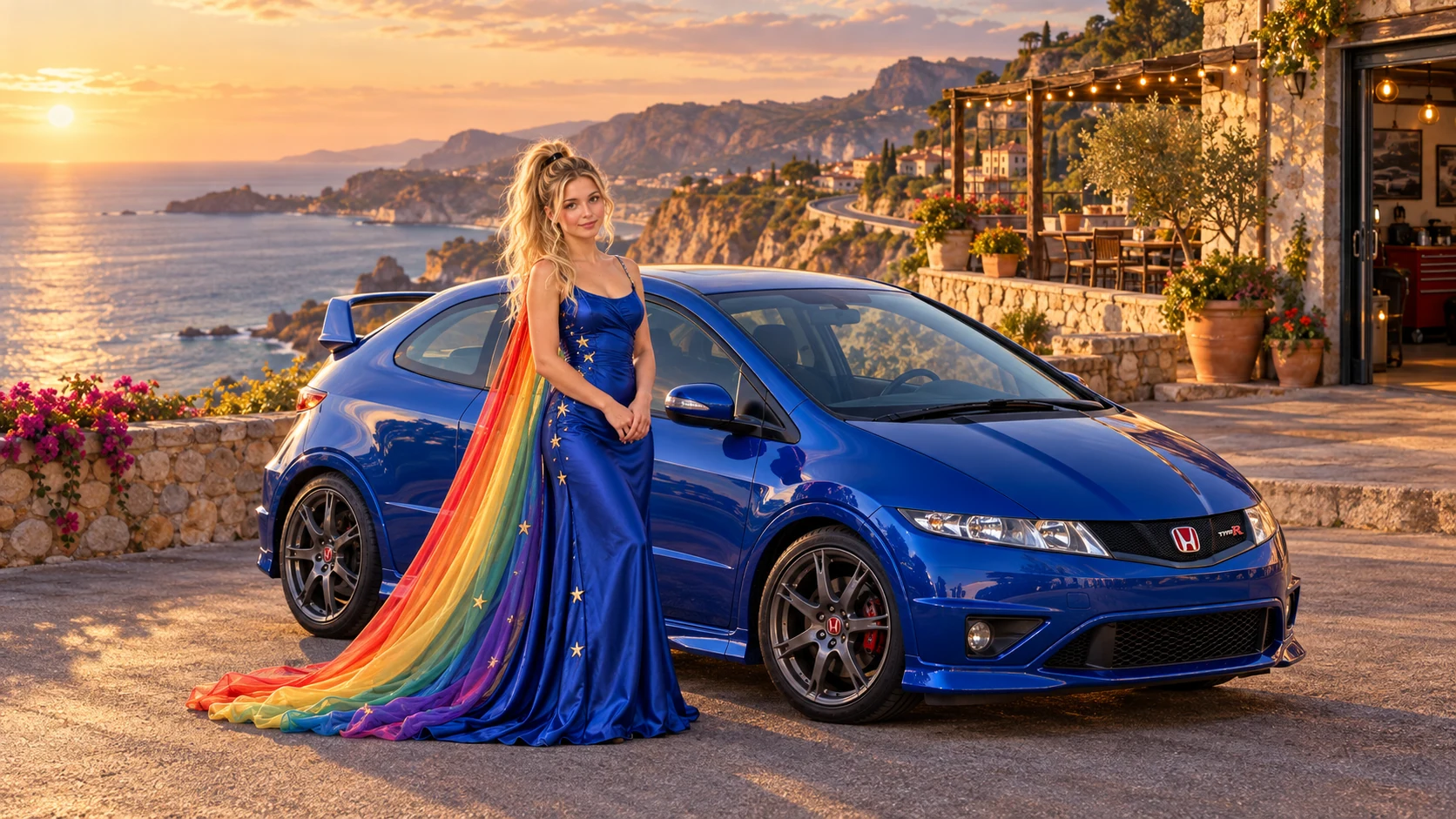 Kristin as Rainbow Brite wears a cobalt satin column gown with a dramatic rainbow chiffon cape and tiny gold star embroidery beside a cobalt blue 2008 Honda Civic Type R on Dawnrun, in The Silver Assembly.