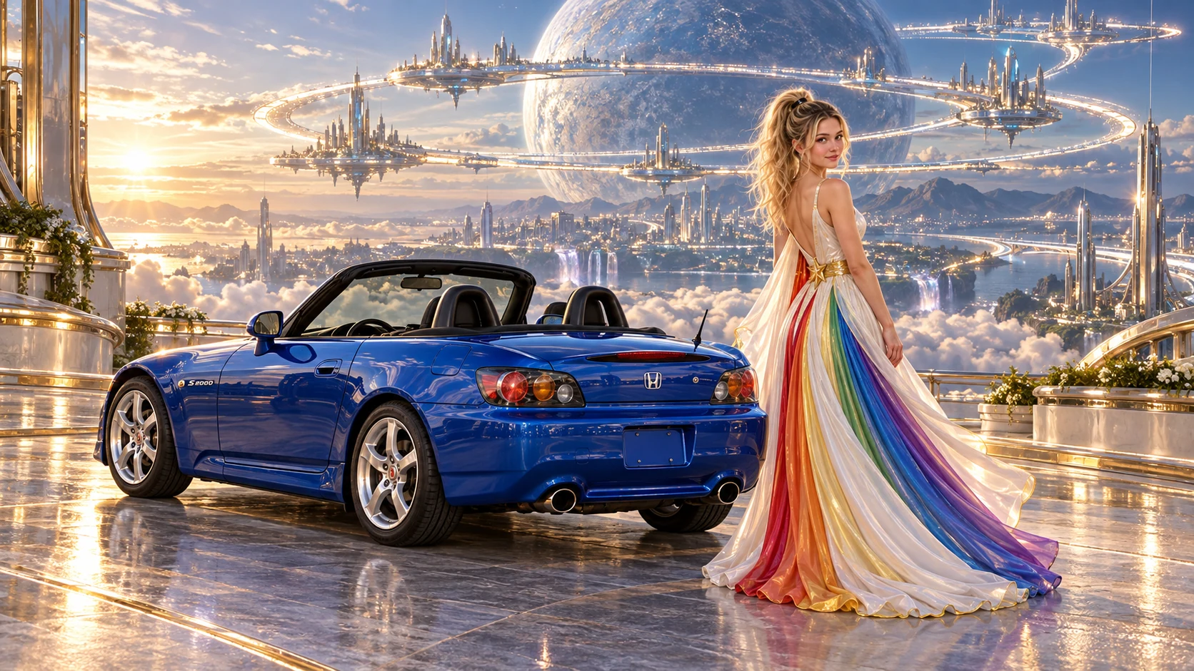 Kristin as Rainbow Brite wears a pearl-white pleated evening gown with jewel-tone rainbow panels and a fine gold star belt beside a cobalt blue 2002 Honda S2000 on Quattrion, in The Silver Assembly.