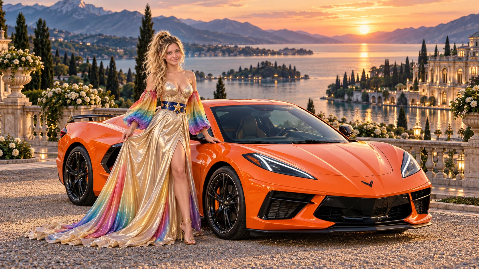 Kristin as Rainbow Brite wears a iridescent champagne satin gown with rainbow pleated sleeves and a sculpted blue-and-gold star belt beside a bright orange 2020 Chevrolet Corvette C8 on Velvetmere, in The Silver Assembly.
