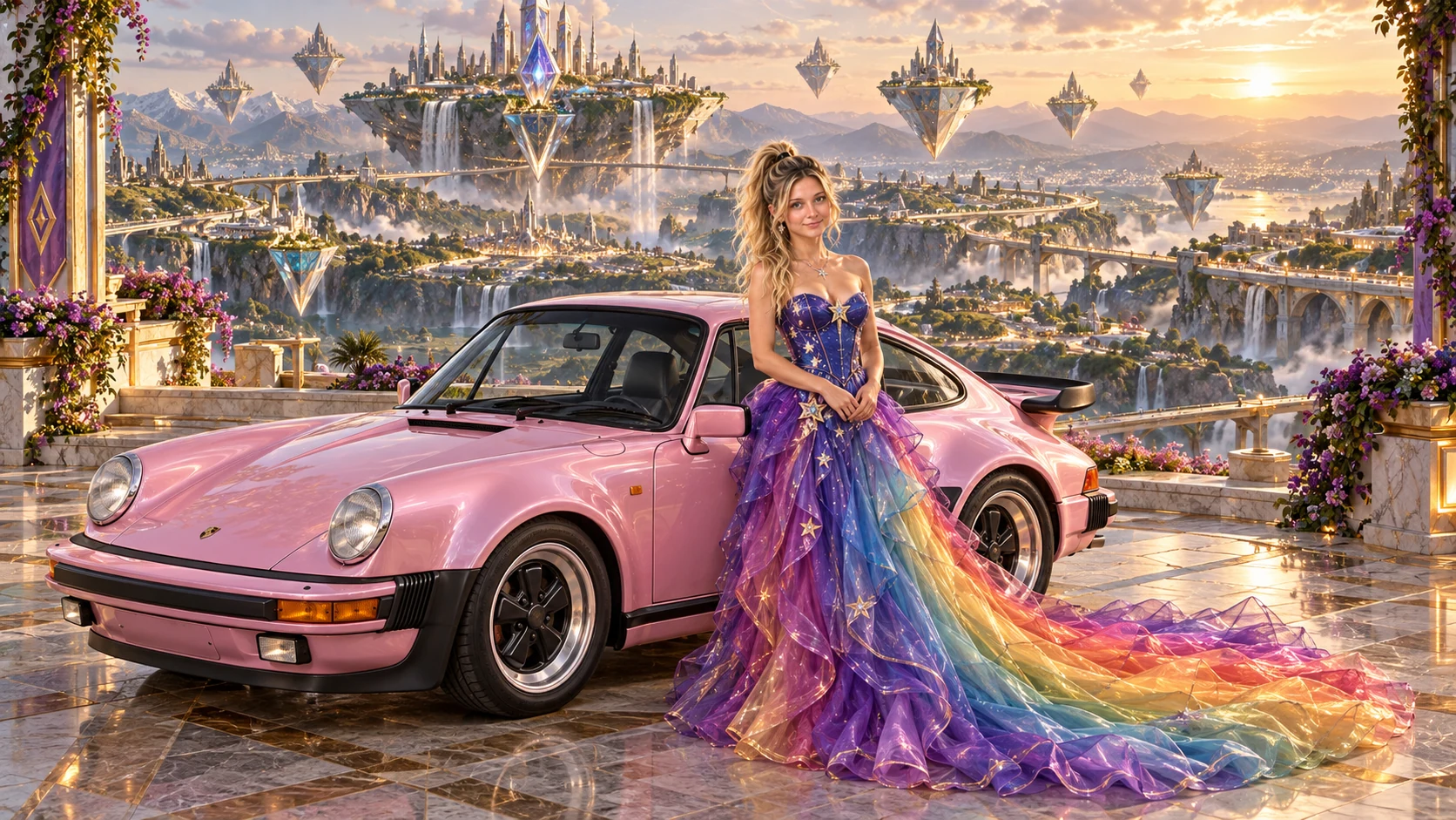 Kristin as Rainbow Brite wears a violet organza couture gown with a structured cobalt bodice, sweeping rainbow train and star jewels beside a pearl pink 1986 Porsche 911 Turbo on Rhombara, in The Silver Assembly.