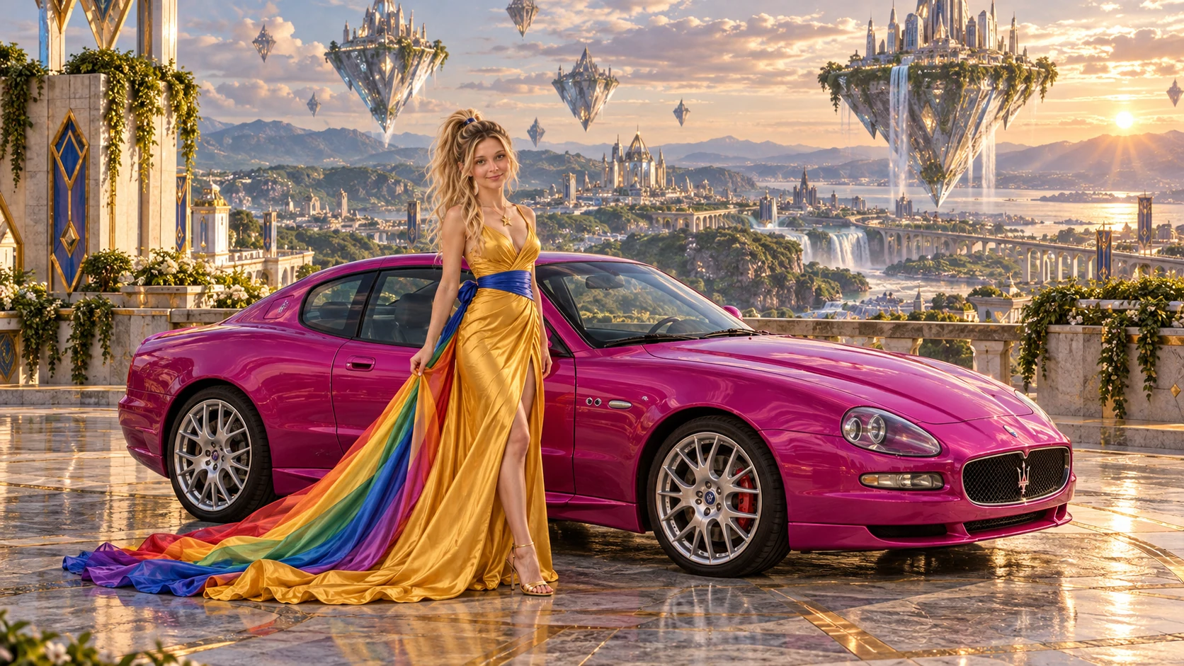 Kristin as Rainbow Brite wears a saffron satin evening gown with a royal-blue sash, graceful rainbow ribbon train and gold star pendant beside a fuchsia magenta 2004 Maserati GranSport on Rhombara, in The Silver Assembly.