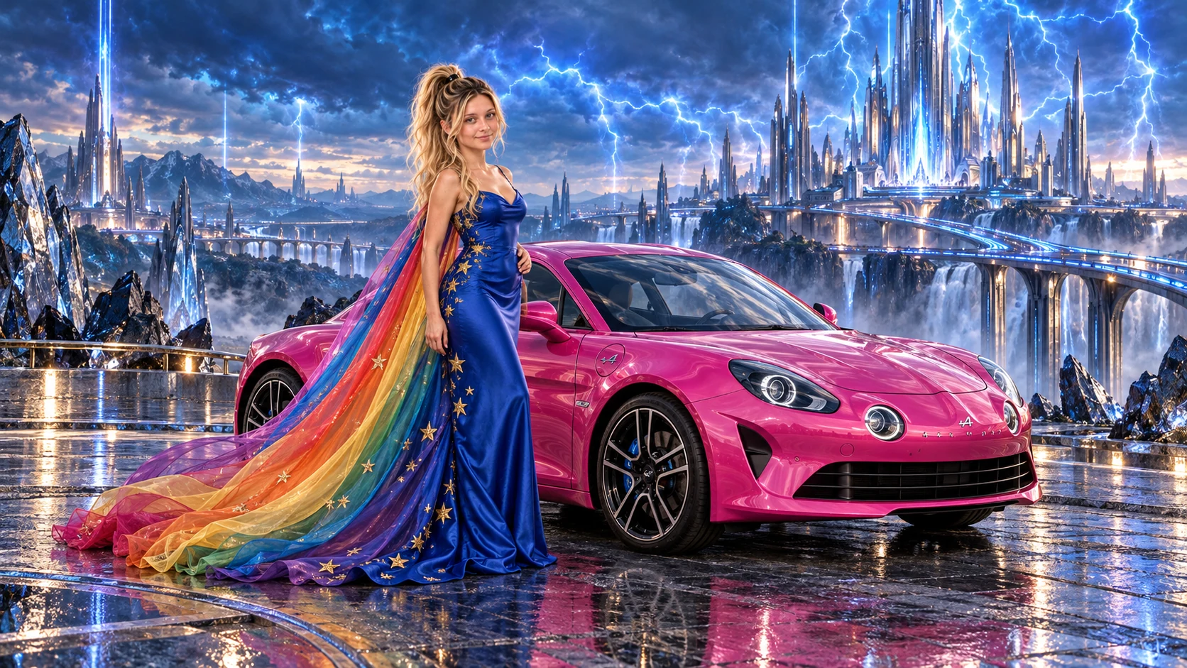 Kristin as Rainbow Brite wears a cobalt satin column gown with a dramatic rainbow chiffon cape and tiny gold star embroidery beside a hot pink 2018 Alpine A110 on Tempestris, in The Silver Assembly.
