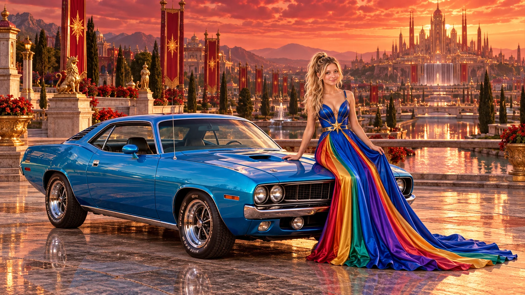 Kristin as Rainbow Brite wears a floor-length royal-blue silk gown with sculptural rainbow pleats and a flowing train, gold star belt beside a electric cyan 1971 Plymouth Barracuda on Crimson Crown, in The Silver Assembly.