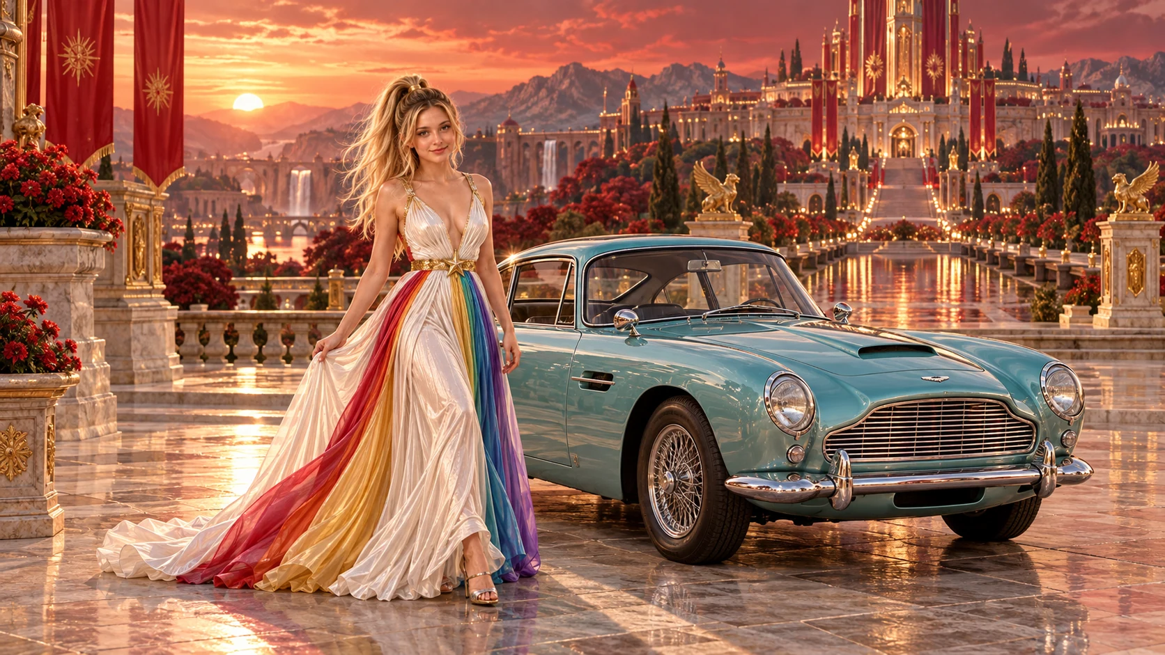 Kristin as Rainbow Brite wears a pearl-white pleated evening gown with jewel-tone rainbow panels and a fine gold star belt beside a glacier turquoise 1960 Aston Martin DB4 on Crimson Crown, in The Silver Assembly.