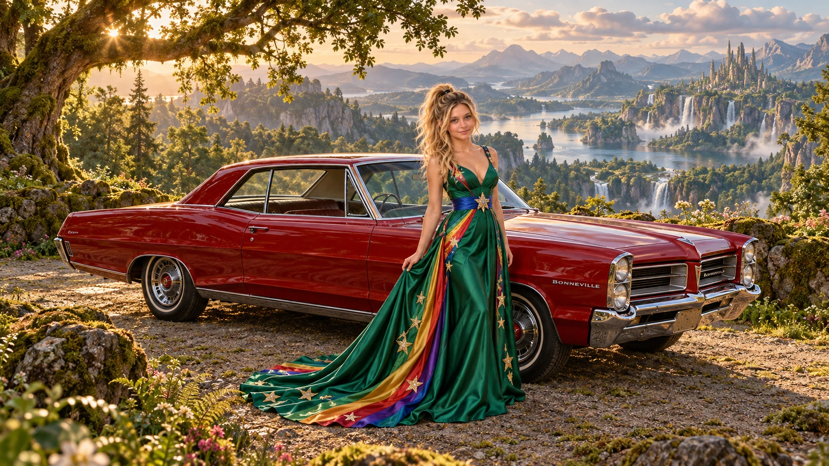 Kristin as Rainbow Brite wears a emerald silk evening dress with rainbow ribbon appliqué, a royal-blue waist sash and a jeweled star buckle beside a crimson red 1965 Pontiac Bonneville on Pawprint Hollow, in The Verdant Drift.