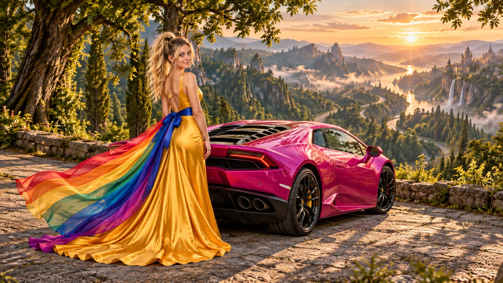 Kristin as Rainbow Brite wears a saffron satin evening gown with a royal-blue sash, graceful rainbow ribbon train and gold star pendant beside a fuchsia magenta 2016 Lamborghini Huracán on Sylvara, in The Verdant Drift.