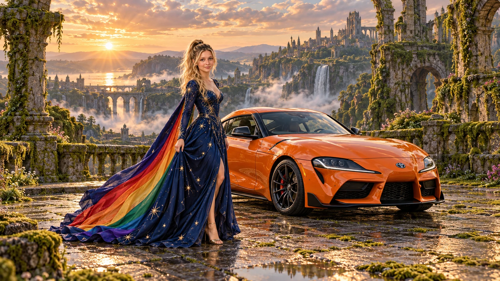 Kristin as Rainbow Brite wears a midnight-blue long-sleeved evening gown with a flowing rainbow-lined cape and tiny star embroidery beside a bright orange 2020 Toyota GR Supra on Mosslight, in The Verdant Drift.