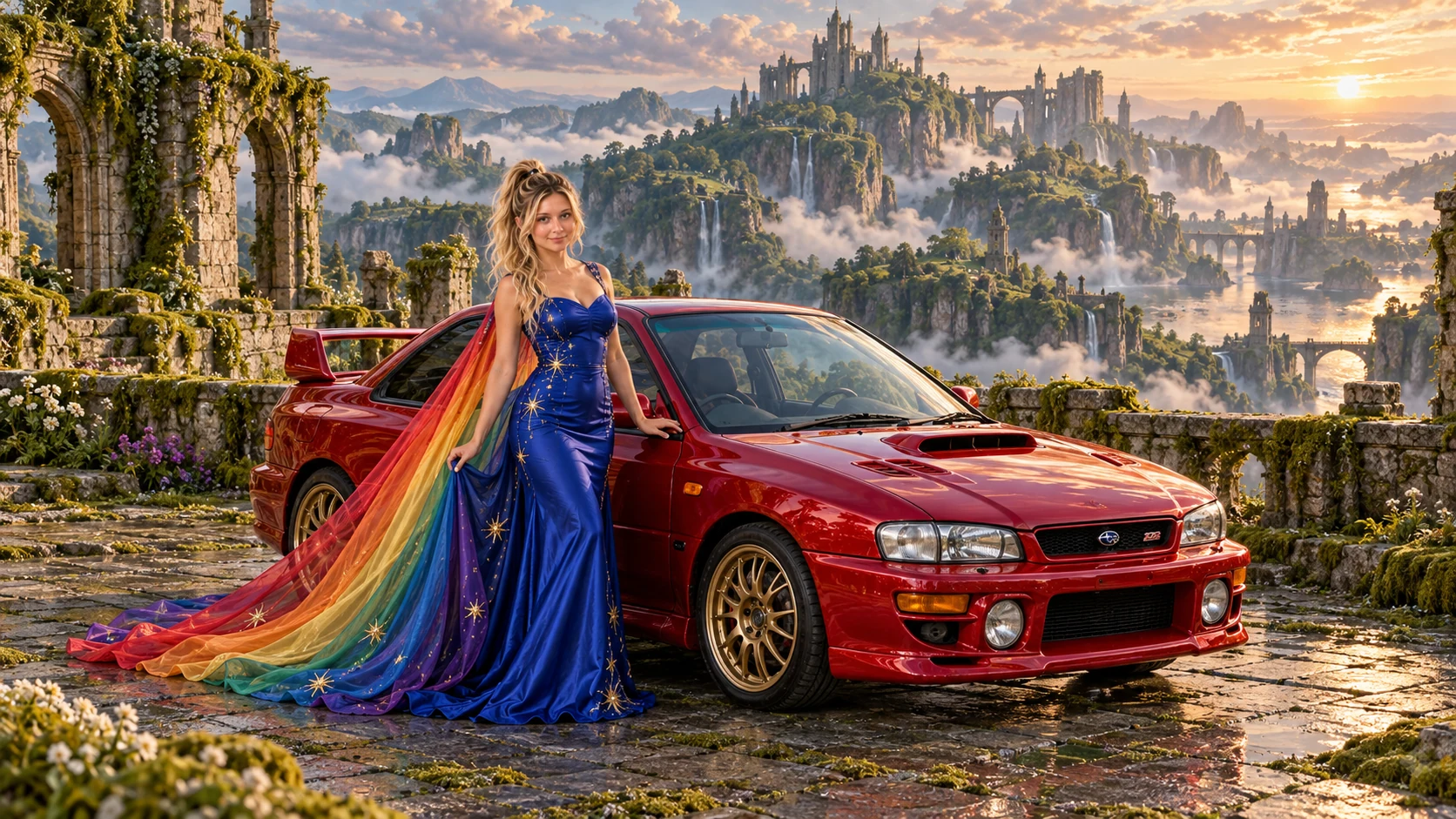 Kristin as Rainbow Brite wears a cobalt satin column gown with a dramatic rainbow chiffon cape and tiny gold star embroidery beside a crimson red 1998 Subaru Impreza 22B on Mosslight, in The Verdant Drift.