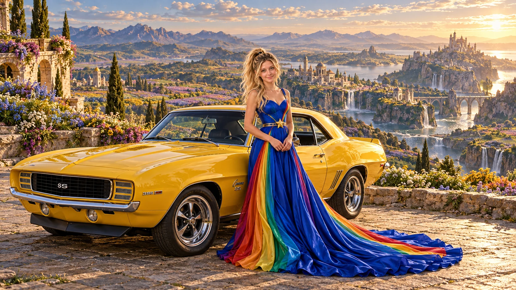 Kristin as Rainbow Brite wears a floor-length royal-blue silk gown with sculptural rainbow pleats and a flowing train, gold star belt beside a sunflower yellow 1969 Chevrolet Camaro on Floralis, in The Verdant Drift.