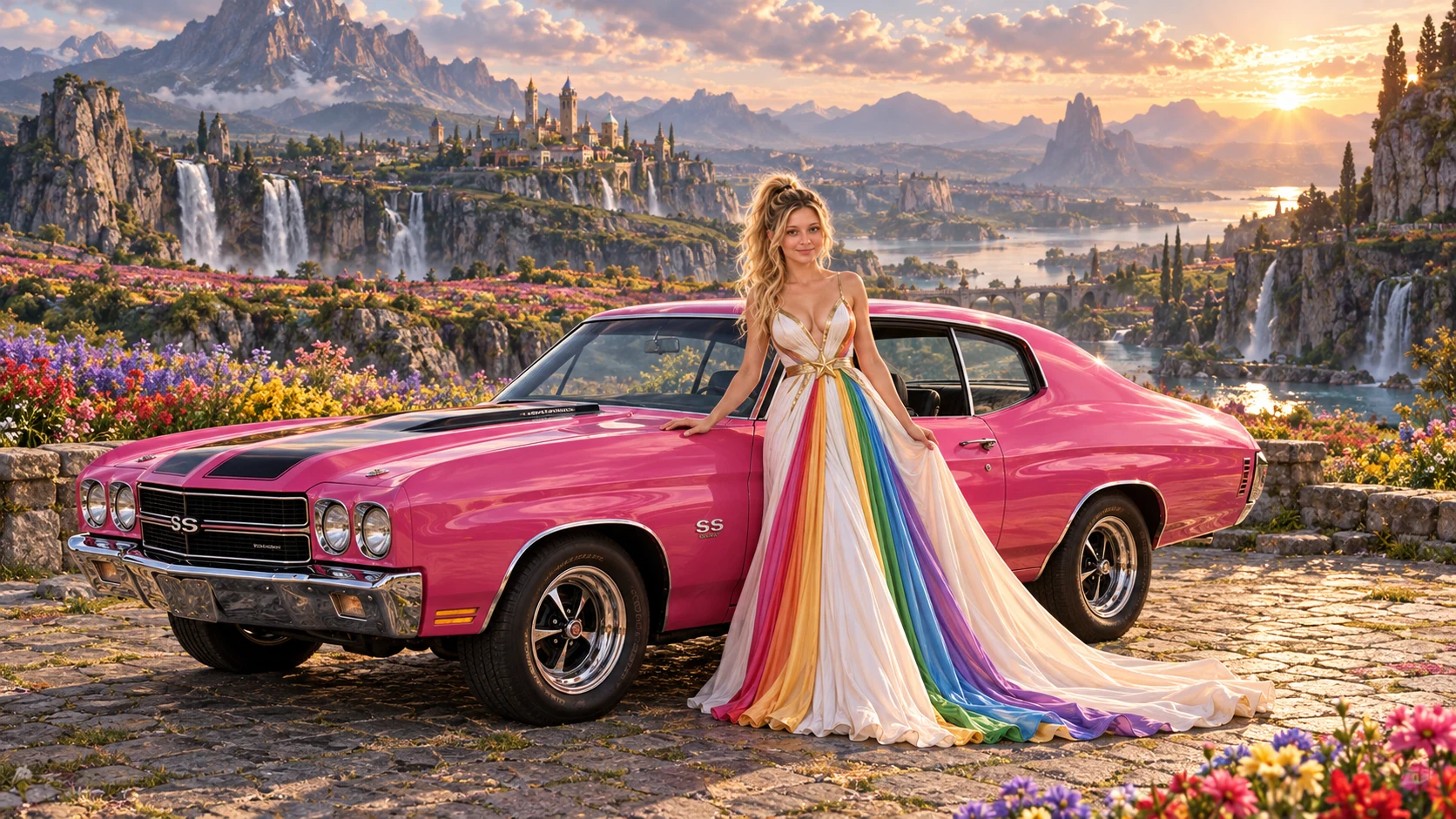 Kristin as Rainbow Brite wears a pearl-white pleated evening gown with jewel-tone rainbow panels and a fine gold star belt beside a hot pink 1970 Chevrolet Chevelle SS on Floralis, in The Verdant Drift.