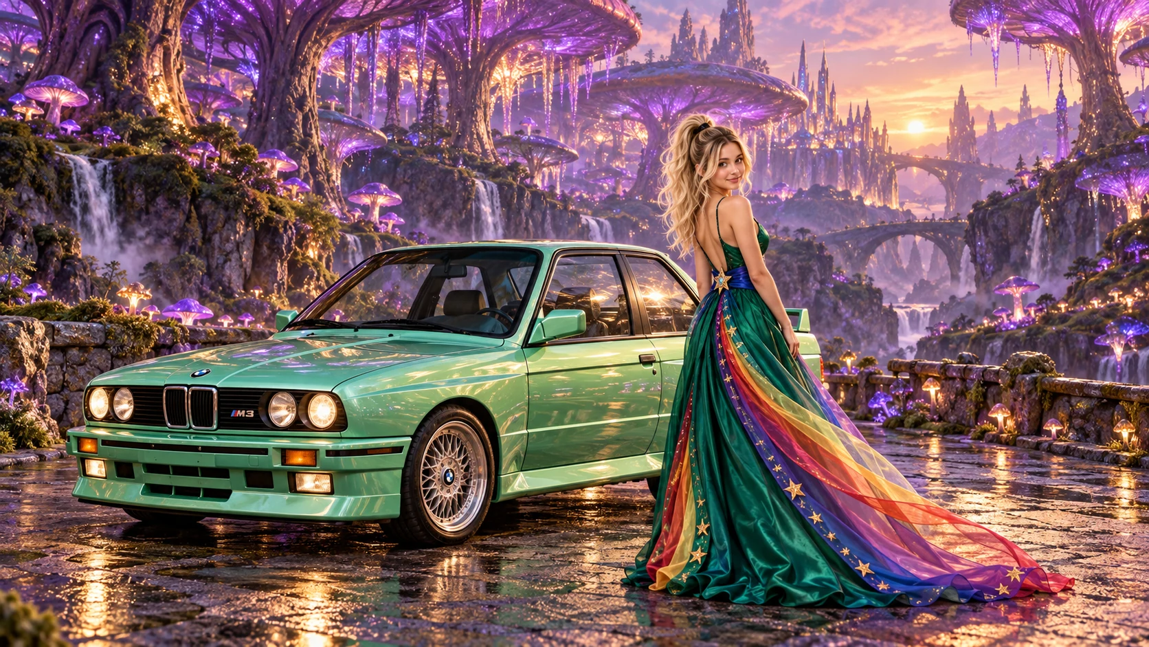 Kristin as Rainbow Brite wears a emerald silk evening dress with rainbow ribbon appliqué, a royal-blue waist sash and a jeweled star buckle beside a luminous mint green 1991 BMW M3 E30 on Violet Mycelium, in The Verdant Drift.