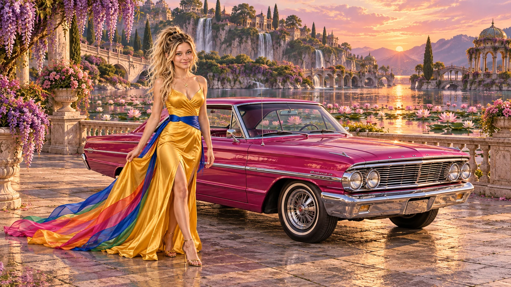 Kristin as Rainbow Brite wears a saffron satin evening gown with a royal-blue sash, graceful rainbow ribbon train and gold star pendant beside a fuchsia magenta 1964 Ford Galaxie 500 on Lotus Reach, in The Verdant Drift.