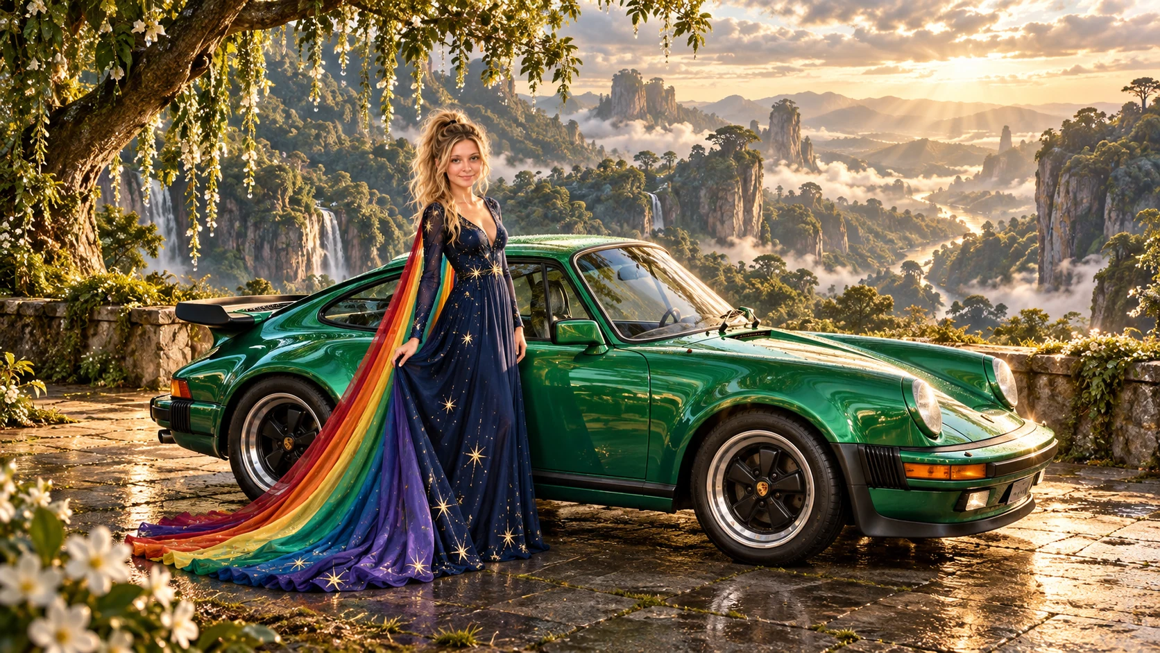 Kristin as Rainbow Brite wears a midnight-blue long-sleeved evening gown with a flowing rainbow-lined cape and tiny star embroidery beside a bright emerald 1986 Porsche 911 Turbo on Canopy Nine, in The Verdant Drift.