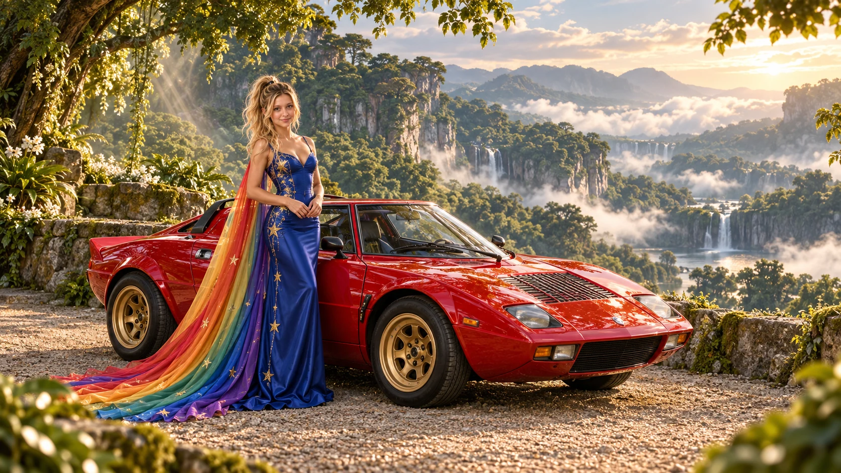 Kristin as Rainbow Brite wears a cobalt satin column gown with a dramatic rainbow chiffon cape and tiny gold star embroidery beside a candy apple red 1974 Lancia Stratos on Canopy Nine, in The Verdant Drift.