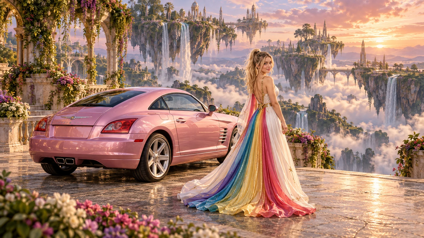 Kristin as Rainbow Brite wears a pearl-white pleated evening gown with jewel-tone rainbow panels and a fine gold star belt beside a pearl pink 2006 Chrysler Crossfire on Aeris Garden, in The Verdant Drift.