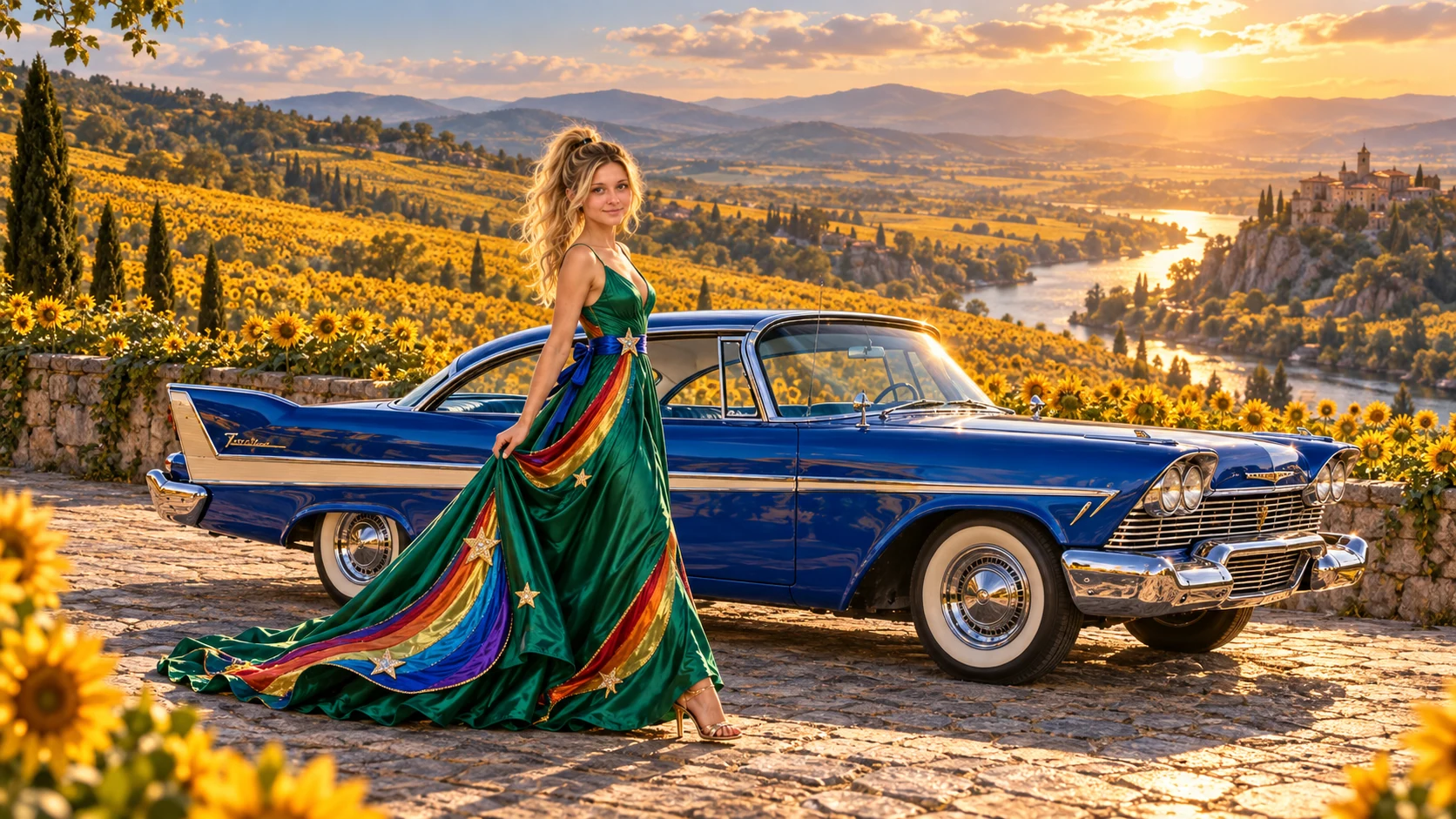 Kristin as Rainbow Brite wears a emerald silk evening dress with rainbow ribbon appliqué, a royal-blue waist sash and a jeweled star buckle beside a cobalt blue 1958 Plymouth Fury on Sunflower Vale, in The Verdant Drift.