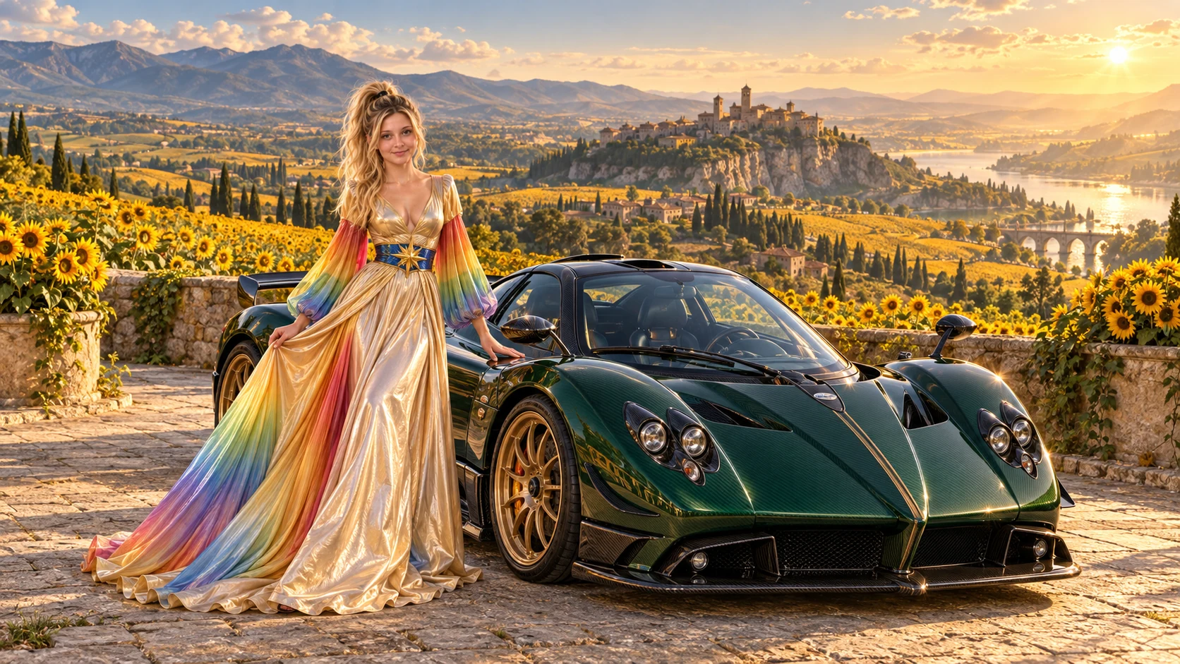 Kristin as Rainbow Brite wears a iridescent champagne satin gown with rainbow pleated sleeves and a sculpted blue-and-gold star belt beside a deep emerald green 2009 Pagani Zonda Cinque on Sunflower Vale, in The Verdant Drift.