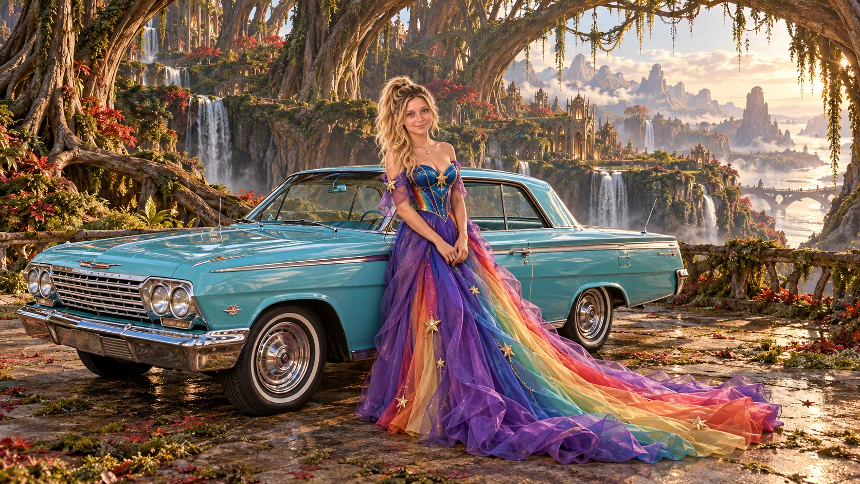 Kristin as Rainbow Brite wears a violet organza couture gown with a structured cobalt bodice, sweeping rainbow train and star jewels beside a glacier turquoise 1962 Chevrolet Impala on Rootbound, in The Verdant Drift.