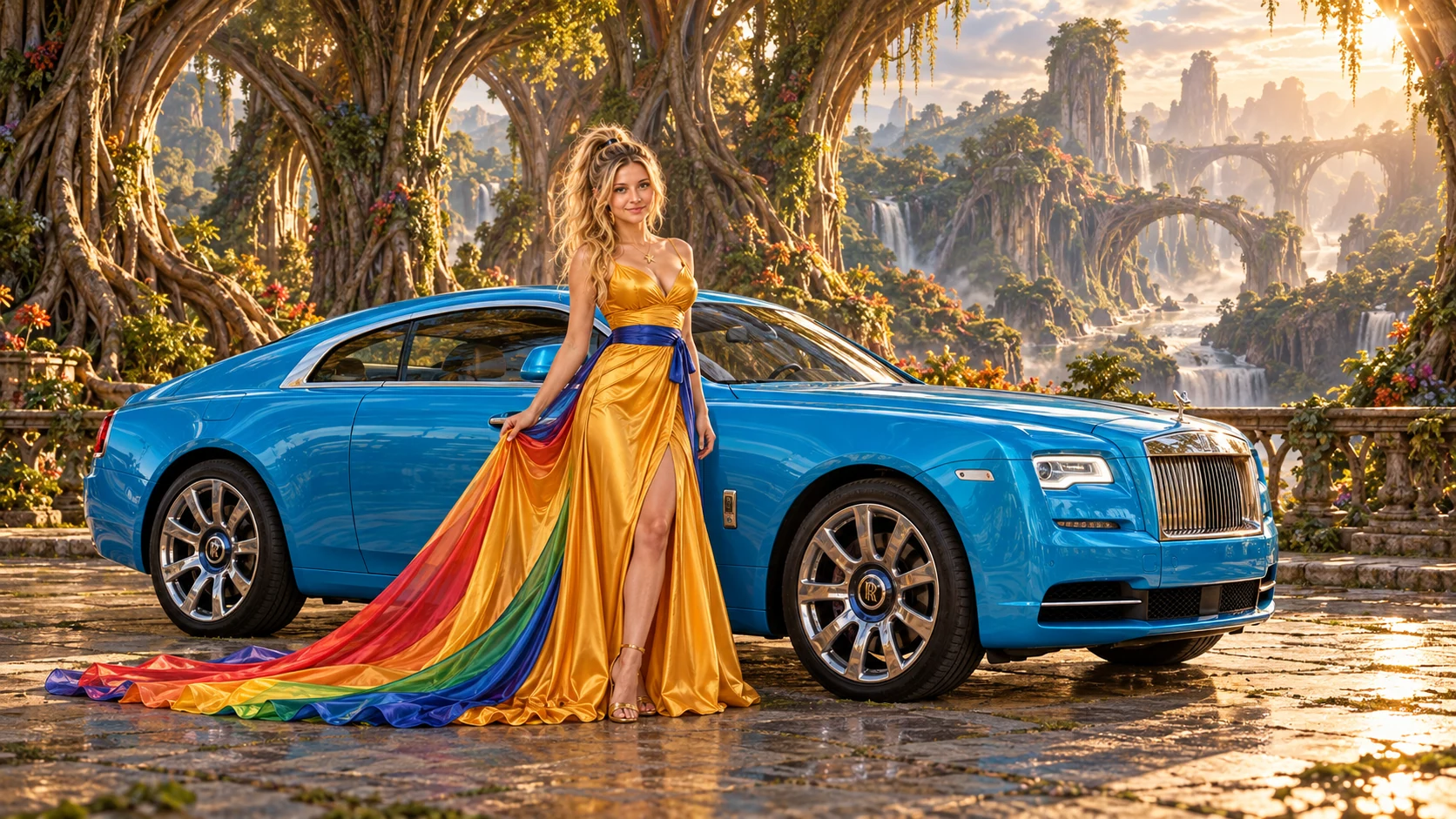 Kristin as Rainbow Brite wears a saffron satin evening gown with a royal-blue sash, graceful rainbow ribbon train and gold star pendant beside a electric cyan 2016 Rolls-Royce Wraith on Rootbound, in The Verdant Drift.