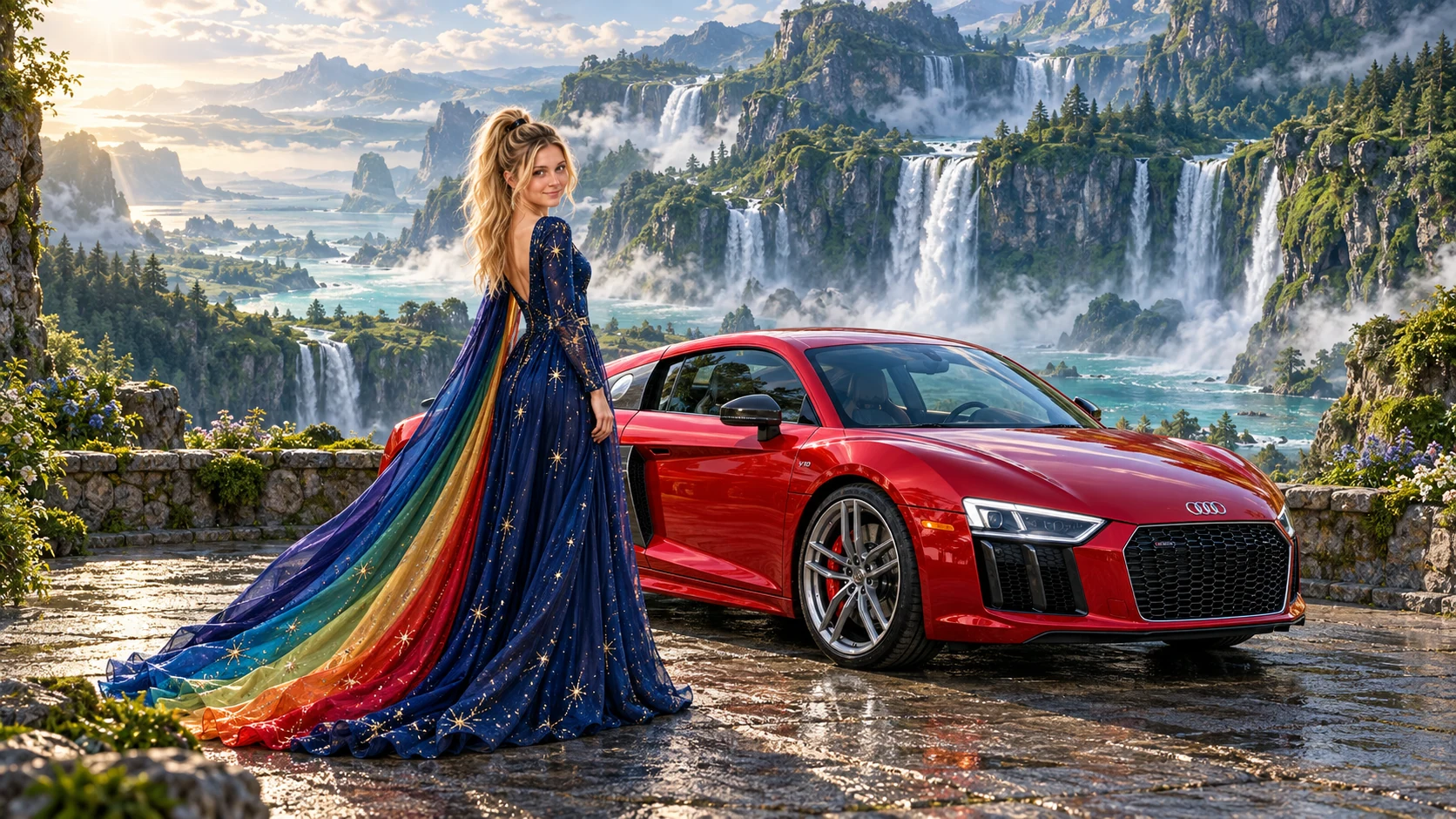 Kristin as Rainbow Brite wears a midnight-blue long-sleeved evening gown with a flowing rainbow-lined cape and tiny star embroidery beside a candy apple red 2017 Audi R8 on Viridian Falls, in The Verdant Drift.