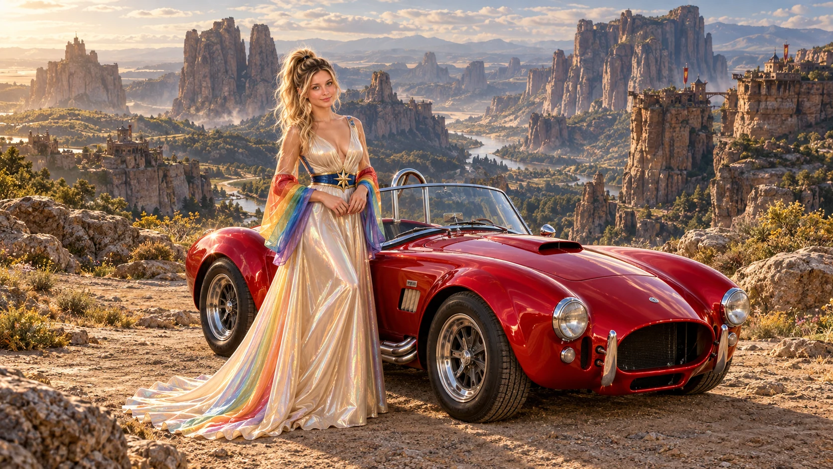 Kristin as Rainbow Brite wears a iridescent champagne satin gown with rainbow pleated sleeves and a sculpted blue-and-gold star belt beside a candy apple red 1965 Shelby Cobra on Boulderon, in The Verdant Drift.