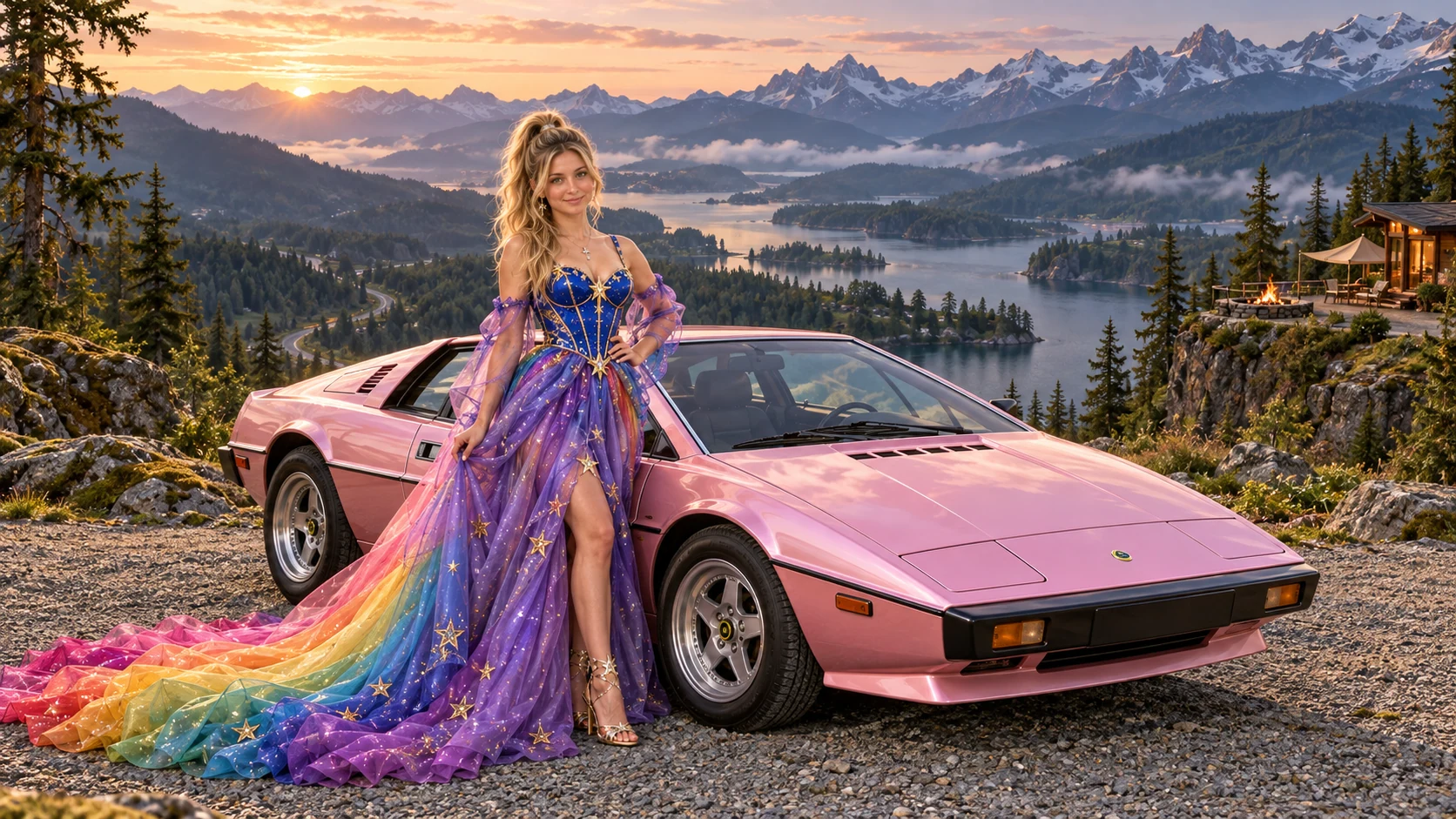 Kristin as Rainbow Brite wears a violet organza couture gown with a structured cobalt bodice, sweeping rainbow train and star jewels beside a pearl pink 1976 Lotus Esprit on Evertrail, in The Verdant Drift.